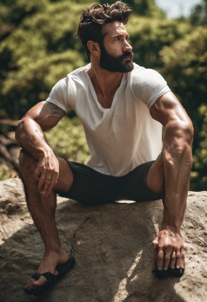 adult male, beard, Masterpiece, RAW photography, (regretful:0.8 expression), sitting down, knees up, elbows bent, outside in sunlight, <lora:PinkSkin:0.75>, sleeveless __colorprimary__ colored shirt, baggy hiking shorts, __colorprimary__ hair, lens flare  golden hour, DOF, blurry background, (freckled skin:0.6),( detailed skin:0.8), detailed face, freckled face, glossy skin
