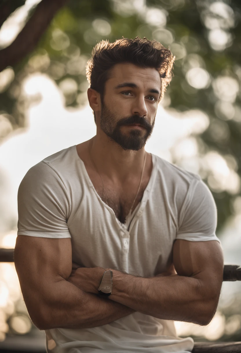 Handsome gay man, masculine, muscular, short, muscular, thin body, 27 year old man, looking straight ahead, looking at camera, naked man, naked man, hairy man, masculine appearance, dark chest hair, black armpit hair, black shin hair, black body hair, looking at camera, sun through trees, white silk t-shirt, soft Mohawk hair, moderately fleshy, thin eyebrows, fat, white Y-shirt, thin eyebrows, illustration style, dressed, gentle smile, sitting in a chair, in a room, wearing white long-sleeved clothes, thin beard