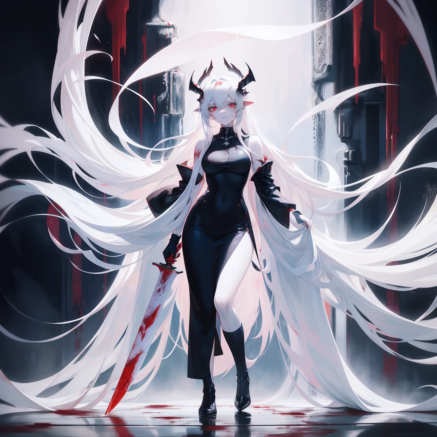 Full body portrait of an adult female standing,White skin of the,Skin like curd,Long hair like a waterfall,There is blood on the body,Holding a blood-stained knife,Smoking with the other hand,Top image quality composition,A world first,Use it as an avatar,Cover typography
