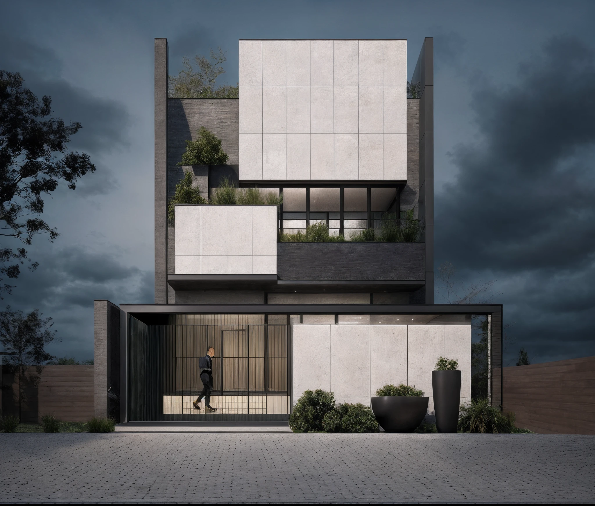 1 morden house, main material by white wall, large yard, 1 road runs in front of the house, (RAW photo, real, best quality, masterpiece:1.2), look morden minimalist, 1 road in front of the house, shime ring light, light brighteness from indoor:1.2, dynamic lighting:1.3, (hyper realistic, photo-realistic:1.2), high quality, (dark lighting:1.2), perfect lighting, archdaily