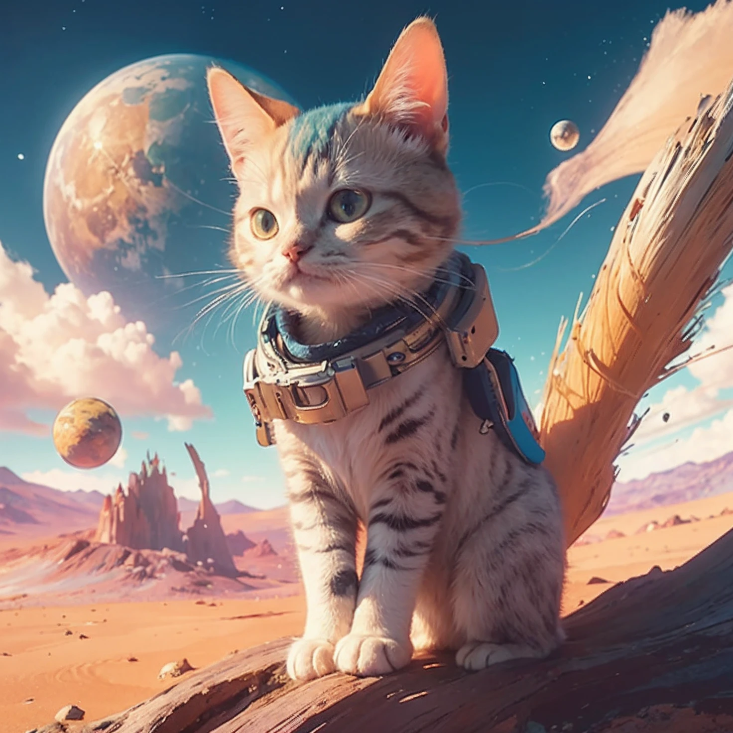 cat, 8k potrait of cute Cat with astronaut suit in Mars Land, macro photography, intricate, elegant, realistic depth of field photography, perfect natural lighting (masterpiece, sidelighting, finely detailed beautiful image render), realistic hair, realistic particle, realistic bokeh, realistic blue sky, beautiful sky, ray of light, light photography, point of interest photography, perfect color tone, realistic eye cat, realistic backlight, realistic store texture, realistic stars, realistic cat whiskers , best lanscape color tone, realisti, realistic shadow, best of saturation, RAW IMAGE, night, Blue Glow Eye Color, leaf, realistic cat suits, realistic Planet, realistic Sharp Mountain
