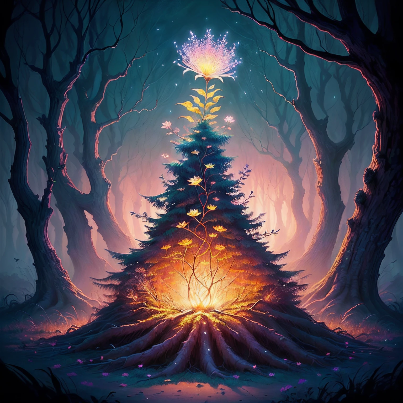In the middle of a magical forest，A tall and beautiful dream flower grows, Sparks glow around it, mysterious glow,  Children's book illustration style, Simple, Cute, full-color, Works of art by Kahn Griffith and Vadim Kashin - no outline
