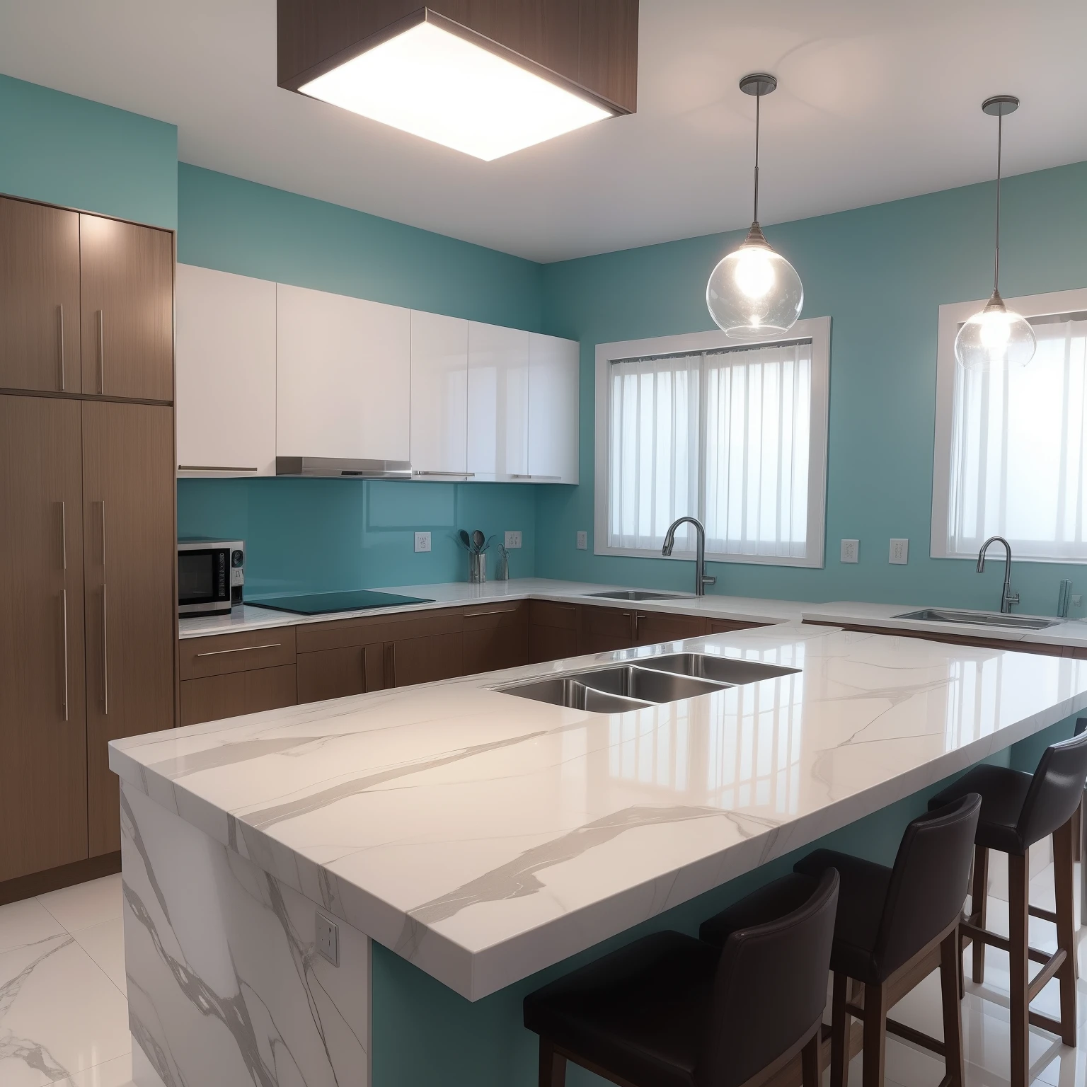 melhor qualidade HD, cozinha moderna, estilo sofisticado e elegante, Highlight for marble countertop, soft-lighting, detalhes meticulosos, cores vibrantes, foto realista