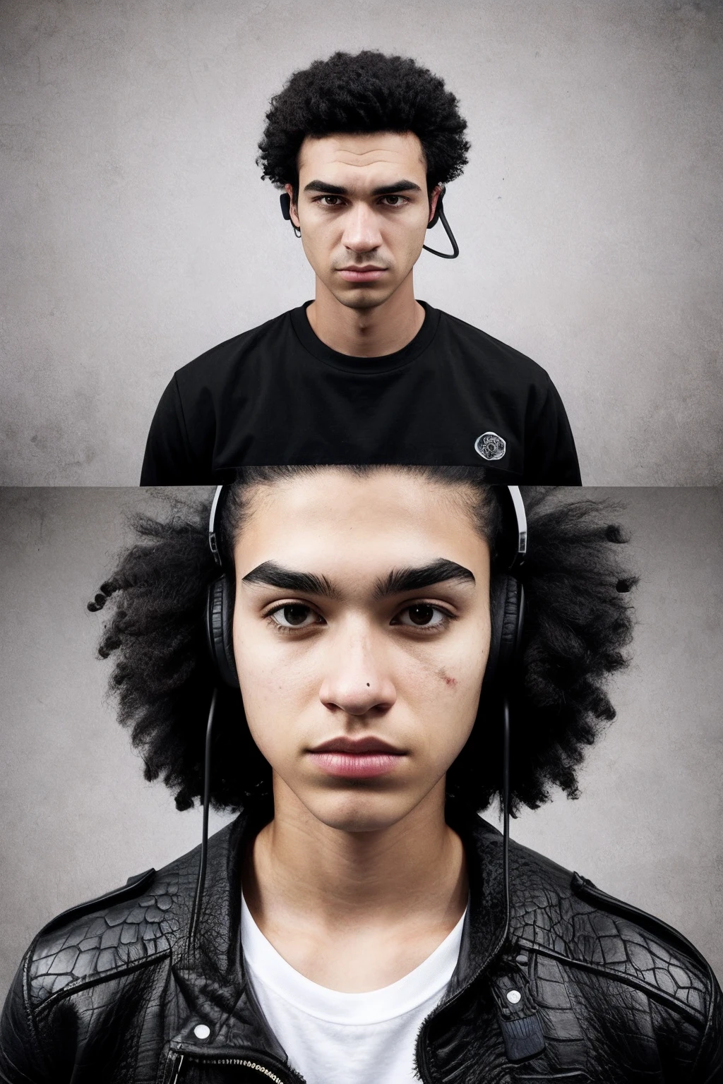 Create a facial persona,Doomsday zombies,Black eyes and black hair,Crocodile head,Young Curly Fuku,jaket,Bring a headset,There is a scar on the right eyebrow,The nasal test is shaded