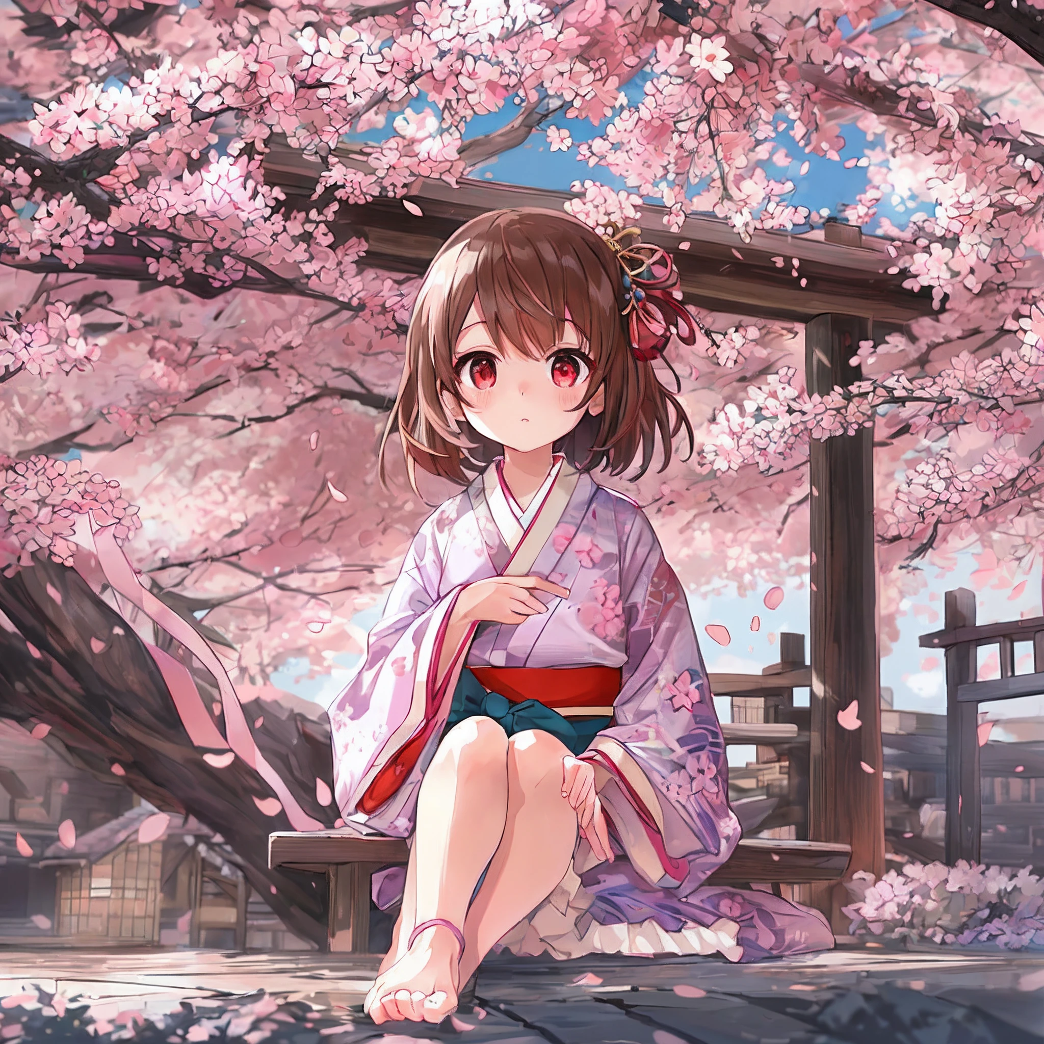 an anime style artwork with a blue sky background, featuring a sakura tree with purple and white blossoms, a small cute white and purple bird is sitting on one of the branches, the sky is adorned with purple and white clouds, and a sunset is visible, there are some cute purple and white butterflies around the tree, the artwork is simple and elegant, featuring a blue sky with a sakura tree, a cute bird, and a sunset, it is a beautiful and serene scene.