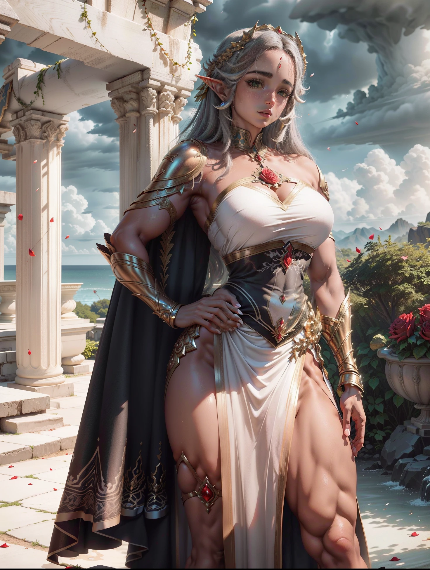 ((segurando um cetro super enorme e pesado)), (Armadura prateada pitoresca e pesada), capacete super grosso com asas pequenas em ambos os lados, (enrolado em todo o corpo), ((capa vermelha)), ((Mulher bonita do anjo da batalha de seis asas)), cara bonita, ((metade)), ((pena)), (heavy clouds at his feet))), (((rising rose petals))), stereoscopic perspective, Obras de Mestrado, (((detalhes faciais)), ultra-fino, 16k resolution, alta qualidade, Cinema lighting, alto detalhe da imagem, dynamic perspective, (profundidade de campo), circunstanciado, Epic shots