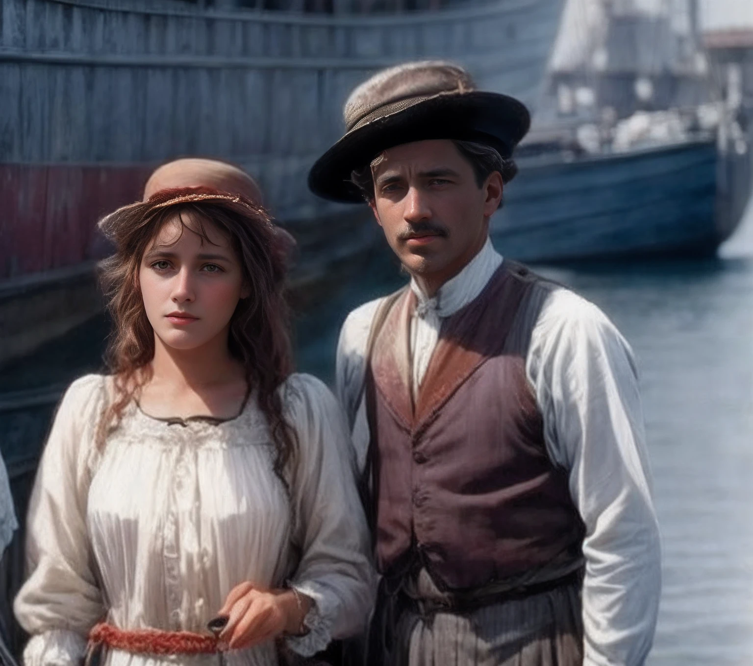 um casal em 1904 perto de um barco, colorido 1 9 0 4 foto, Filme dos anos 1910 ainda, ainda do filme, high resolution film still, cena do filme, Cor ainda, colorido, filme ainda do filme, 1 9 1 0 s cena de filme, Cena de filme dos anos 1910, foto realista, cinematografic