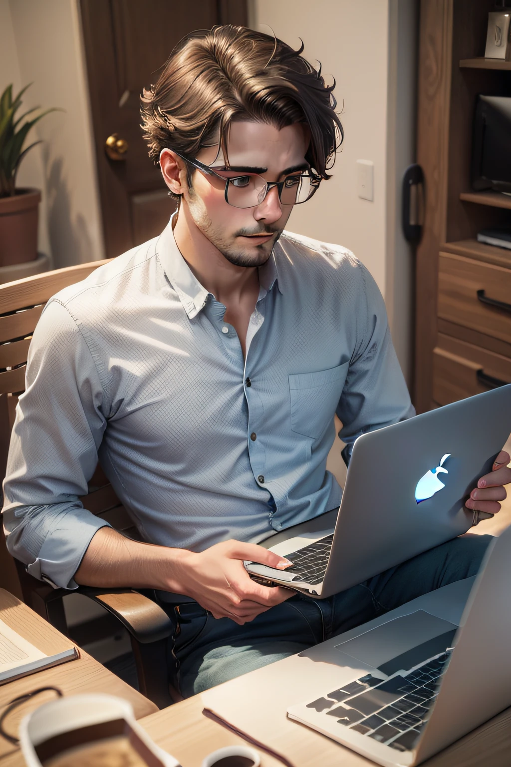 Man in glasses in his late 20s fiddling with a MacBook