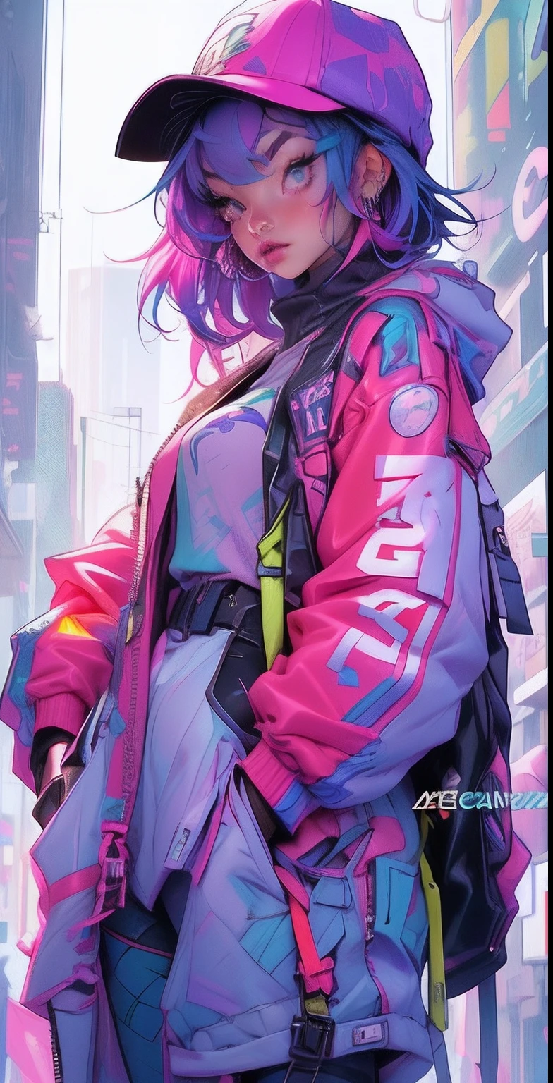 Girl, blowing a bubblegum slim body, sexy, wearing green suit jacket, tied long dark pink hair,((Best Quality)), ((Masterpiece)), ((Realistic)) and ultra-detailed photography of a 1nerdy girl with goth and neon colors. She has ((turquoise hair)), wears a techwear jacket and exudes a vibe ((beautiful and aesthetic)).