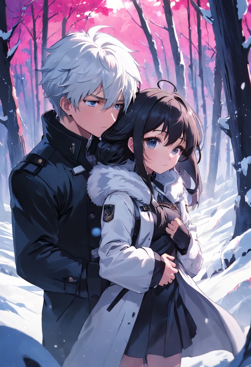 Male and female couples，In the white snow forest，dressed in a black coat，Girl in boy's arms，having fun，closeup cleavage