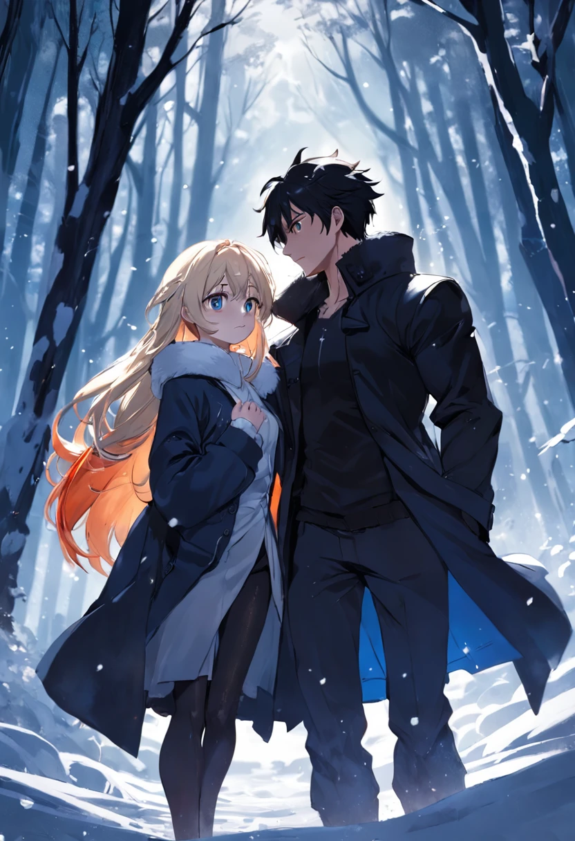 Male and female couples,In the white snow forest,dressed in a black coat,Girl in boy's arms,having fun,closeup cleavage