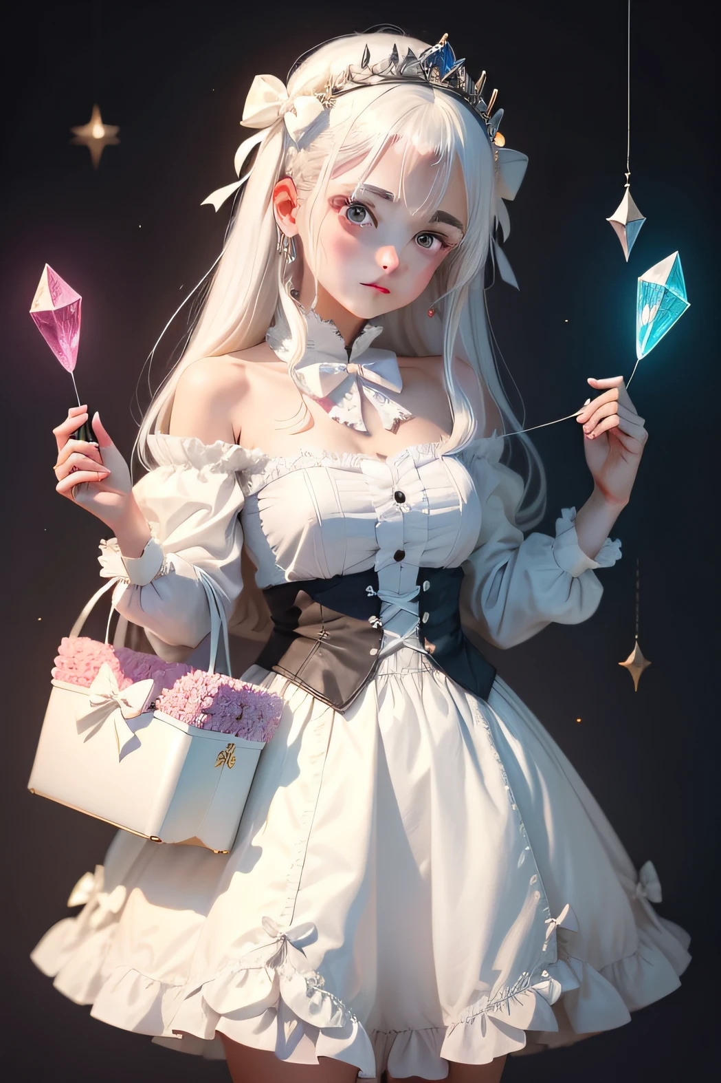 A girl with white hair, Wear a gorgeous bow skirt, Holding a candy basket, Wearing a crystal crown on his head。