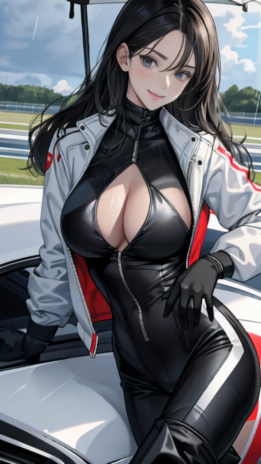 masterpiece,(ultra-detailed),1girl,, car, racecar, circuit, black bodysuit, cropped jacket, white jacket,Smile long sleeves, two-tone gloves, thigh boots,The belly is exposed,large bust,Large breasts,long leges,Love Hoshino of racing,Flame it up, or stand or sit down,rainy sky,drenched all over the body,Behind you is a professional racing track,Abs,drenched all over the body,Eyes rolled up,scantily clad,big breasts exposed cleavage,drenched all over the body,