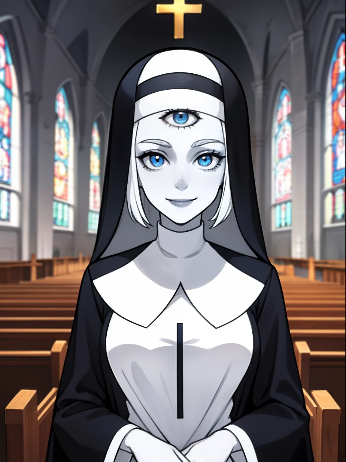 1girl,solo,blue eyes,demonic third eye,white hairs,breasts ,pale skin, nun,smile, church