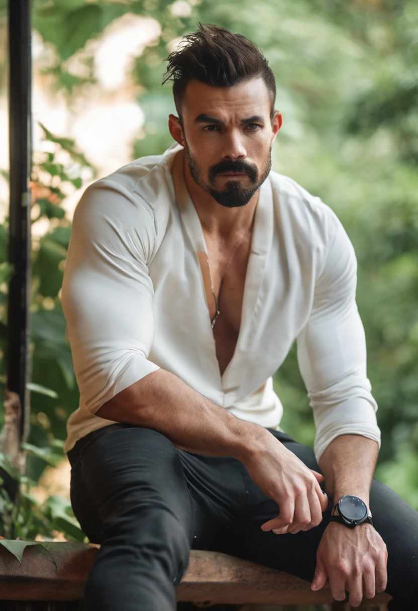 Handsome gay man, masculine, muscular, short, muscular, thin body, 27 year old man, looking straight ahead, looking at camera, naked man, naked man, hairy man, masculine appearance, dark chest hair, black armpit hair, black shin hair, black body hair, looking at camera, sun through trees, white silk t-shirt, soft Mohawk hair, moderately fleshy, thin eyebrows, fat, white Y-shirt, thin eyebrows, illustration style, dressed, gentle smile, sitting in a chair, in a room, wearing white long-sleeved clothes, thin beard, Japanese face