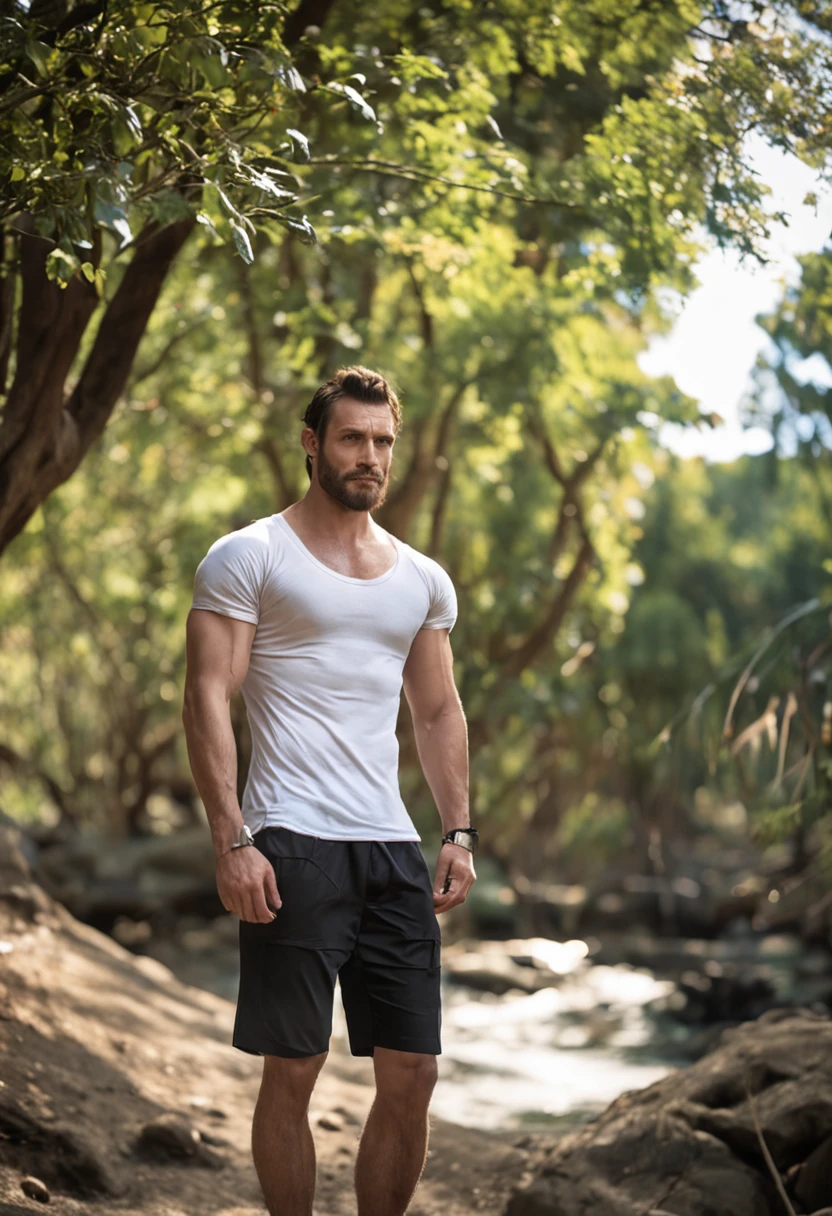 ((8k ((best quality)), ((masterpiece)), (very detailed), real face bald male muscular male soldier upper body wear white t-shirt sunglasses by forest cabin