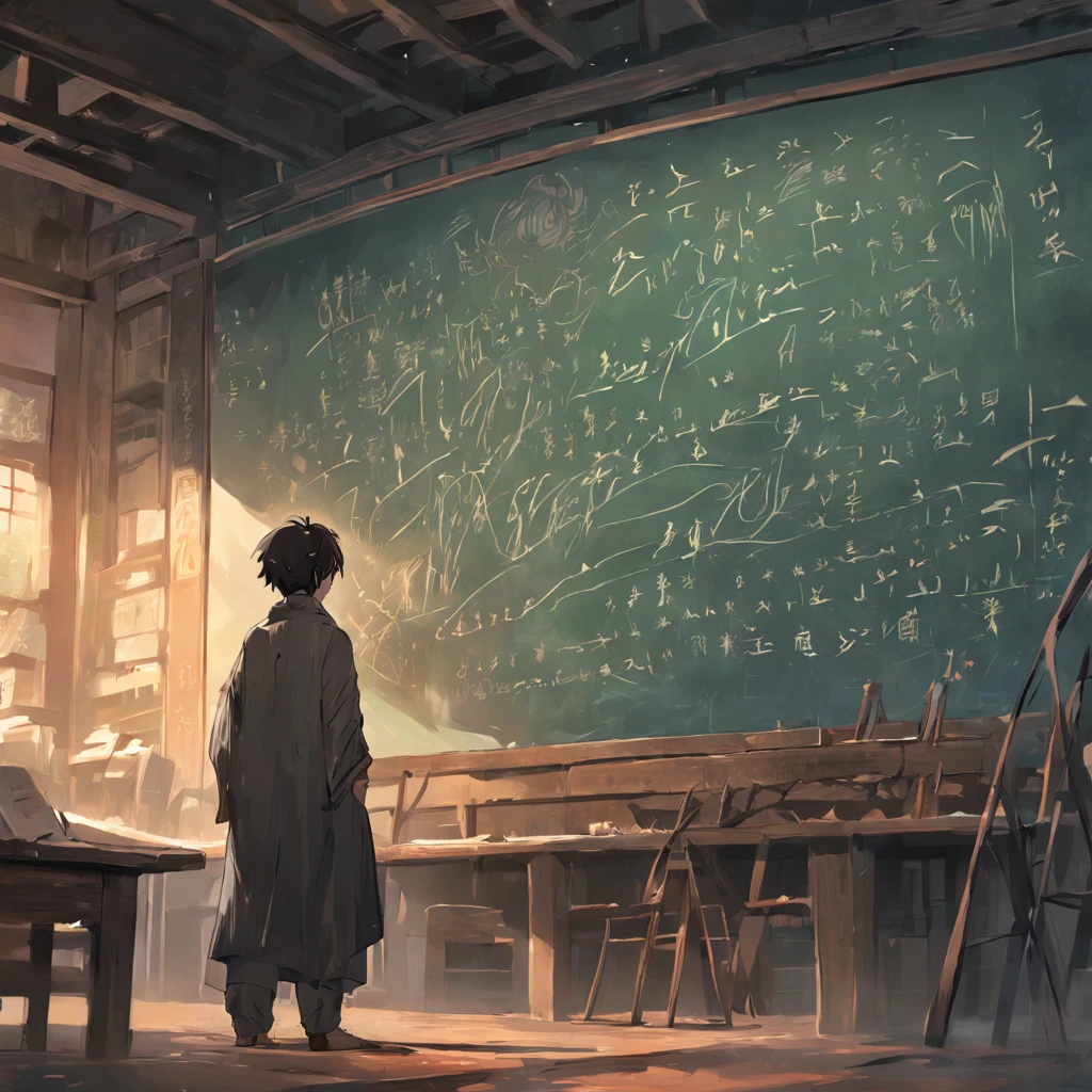 There was a man standing in front of the blackboard,The background is a chalkboard, qi sheng luo, Wang Qichao, Middle metaverse, 千 葉 雄 大, Qiu Fang, Bo Feng, inspired by Chen Daofu, xiaofan zhang, nanquan