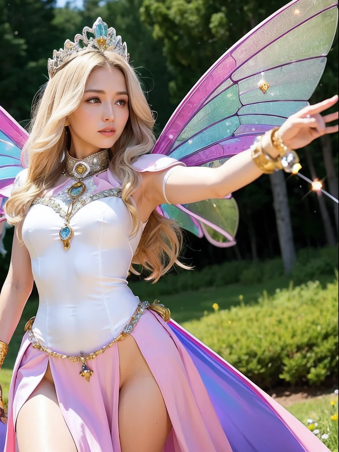 Professional , masterpiece、top-quality、photos realistic , depth of fields (Gemstone Silver Metal Body:1.9),(Matte White Pink、Jewel Gold Weapon、(Gorgeous castle background)、(ultimate beauty girl)、(Rainbow fairy wings grow)、Particles of light、(Metal body of iridescent gemstones:1.9),Gorgeous Jewel Metal Weapons , Detailed Sword of the Brave ,( a blond) , adepta sororitas,Detail and ornate jewel crown、独奏、Brown hair、Mystical expression、(Gangle's forest background)、Beautiful Caucasian beauty、1a person、dynamic ungle,(((Diamond tiara with detail and luxury)))、a small face、Beautiful poses、(Gorgeous castle background)、huge filesize、Beautiful girl 、Stand in the center of the screen、Thin female fingers、Straight long hair、Beautiful Caucasian beauty、(maikurobikini)、Hair fluttering in the wind、face forwards、Look at viewers、(Armpit)、Armpit、