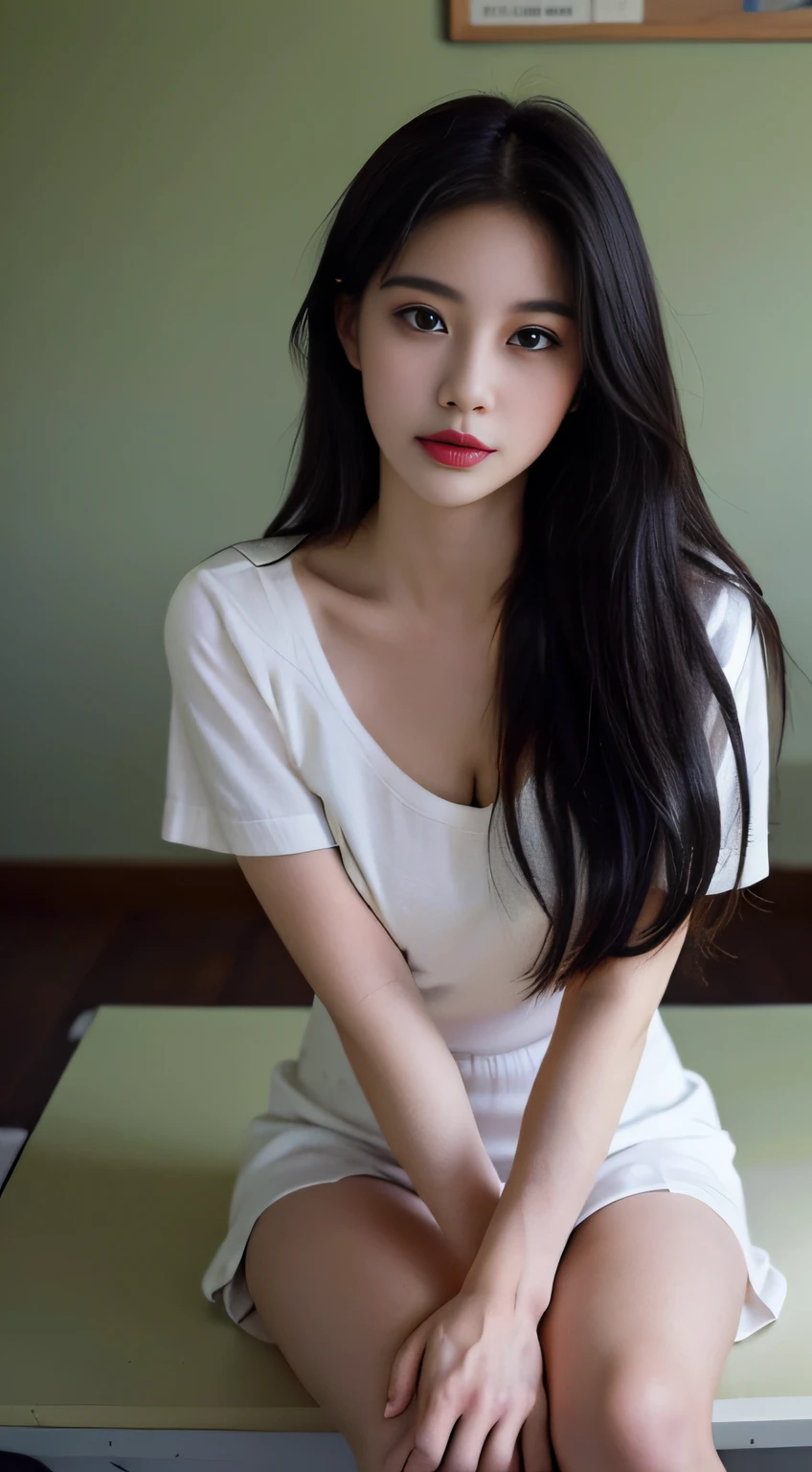 a RAW Photo of girl, (Masterpiece:1.5), Best quality, 超高分辨率, high detal, (Photorealistic:1.5), detail in face, Detailed eyes, Detailed face, 1girll, ((Solo)), full bodyesbian, (Medium breast:1.3), Pale skin, Quadriceps hair, school uniform, Short skirt, Long socks, in class room, improper sitting, Wide thighs, crotch visible, People looked at her, Focus on the viewer