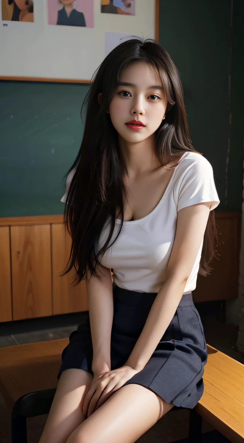 a RAW Photo of girl, (Masterpiece:1.5), Best quality, 超高分辨率, high detal, (Photorealistic:1.5), detail in face, Detailed eyes, Detailed face, 1girll, ((Solo)), full bodyesbian, (Medium breast:1.3), Pale skin, Quadriceps hair, school uniform, Short skirt, Long socks, in class room, improper sitting, Wide thighs, crotch visible, People looked at her, Focus on the viewer