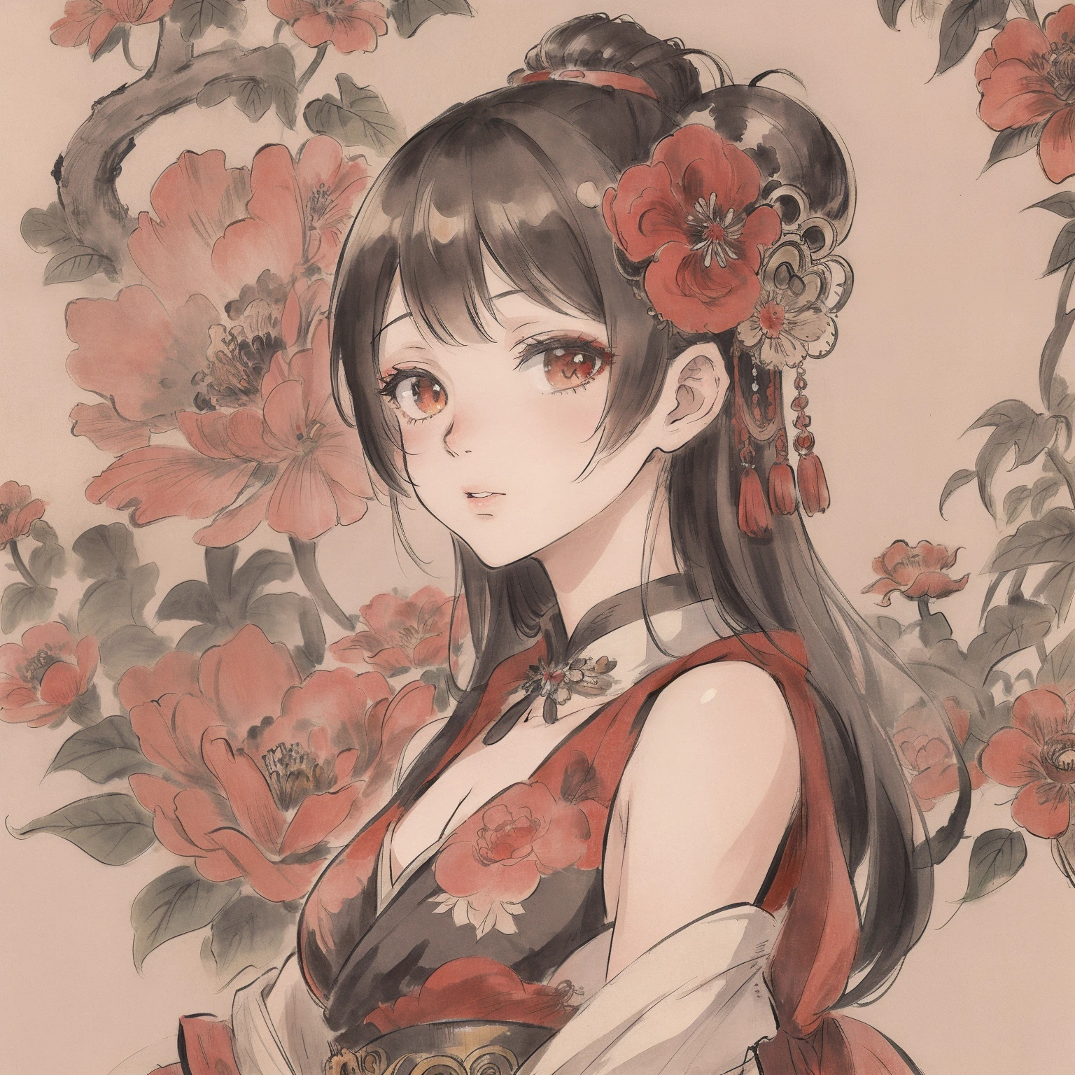 ((high resolution)), (open mouth), (bust), (best quality)), ((ultra-fine CG), ((8k_wallpaper)), dynamic angle, floating, (beautiful eyes), very delicate and beautiful girl, upper body, ink painting, (Chinese style), black eyes, burning, detail light. from_low, (dark hair), (red) spider lily: 1.33), aqua eye, (hair flower): 1.3), bloom, single, starry sky, hair ornament, earrings, jewelry, messed up hair, lingerie, half eyes, bloom, (for men), fairy, (hanfu comes off), (big boobs): 1.2), (eye shadow, red eyeliner: 1.15), (eyeshadow, red eyeliner: 1.15), (eyeshadow, red eyeliner: 1.15), (eyeshadow, red eyeliner: 1.15), (eyeshadow, red eyeliner: 1.15), (eyeshadow, red eyeliner: 1.15), (eyeshadow, red eyeliner: 1.15), (eyeshadow, red eyeliner: 1.15), (eyeshadow, red eyeliner: 1.15), (eyeshadow, red eyeliner: 1.15), (eyeshadow, red eyeliner: 1.15), (eyeshadow, red eyeliner: 1.15), (eyeshadow, red eyeliner: 1.15 Red eyeliner: 1.15), (eyes that see through hair: 1.2), (solo), Red Moon