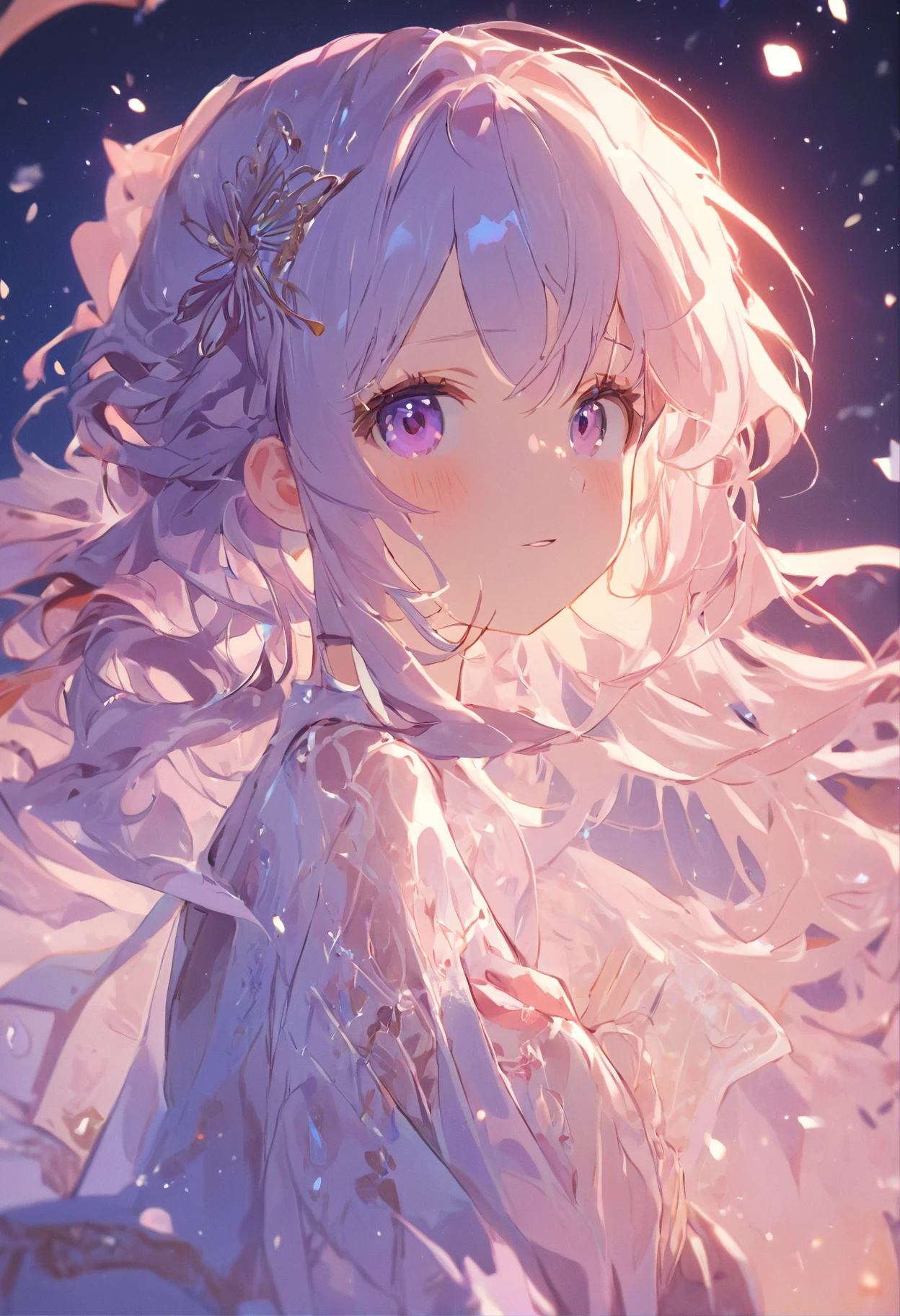 (Best quality),(4k), [highly grand detailed CG painting]!!,(cheer sticks),(((the Greatest masterpiece,))) (ultra detailed),(((idol))),(intricately details),(Natural,cute face,tsundere),((((beautiful stage)))),(dynamic angles,view from the top),(consistent stream),(dynamic lighting),(blooming,synthetic wave), (reality: 0.7), solo,1 girl,Long eyelashes,watery eyes,reflected eyes,eyes shadow,light purple eyes,((one purple bow tie)),((big witch hat)), (blue off-the-shoulder shirt: 0.4,lace),beautiful detailed hair, [white dress]!!, white haired deity,((elegant and conservative cloth))