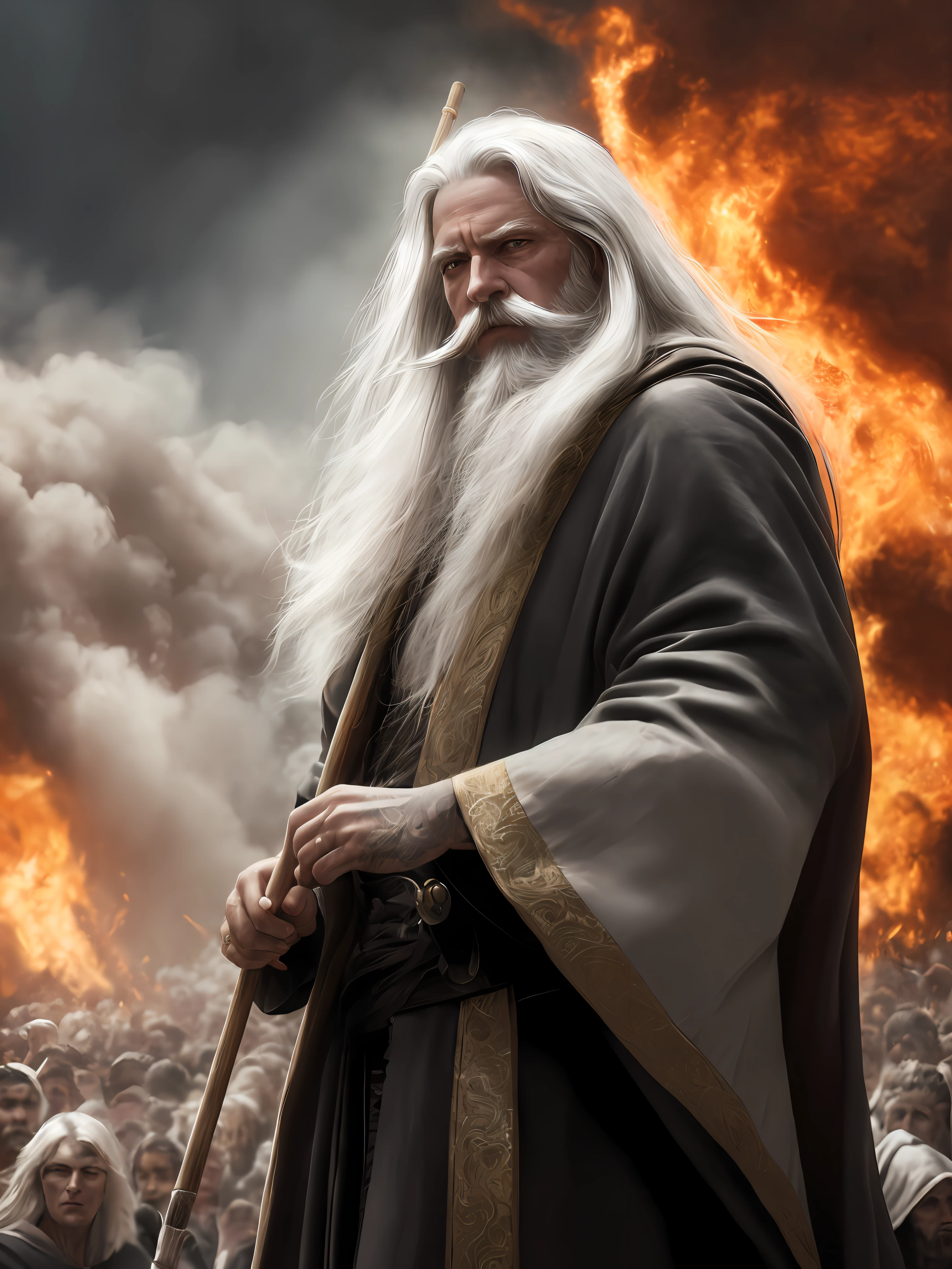 Photorealistic, high resolution, Soft light, (Detailed face),tattoo, jewelry, White hair, In the foreground huge standing crowd, wizard, robe, old, white long beard, white long hair, wind, magic, fire, smoke, dust (Highest quality:1.3), cinematic shot, masterpiece, (sharp focus:1.5), (photorealistic:1.3), detailed background, dark lighting, twilight lighting, analog style, volumetric lighting, intricate details, UHD, film grains, muscular, broad shoulders, wearing a robe, with a rod, long white hair and beard, separating the sea into 2, with a hoard of people behind him, red eyes, realistic, humanity, flames held by hoard of people