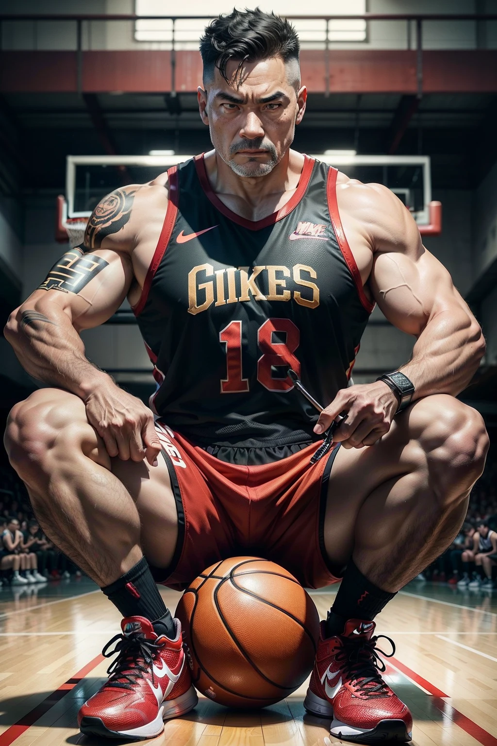 50-year-old middle-aged man，Man，grampa，Height 195，Asian people，sit on chair，God perspective，The eyes are about to face each other，Chinese men，musculature，Lift one foot，Wearing a red and white Nike basketball vest，Black basketball pants，The number 12 is written on the basketball suit，Red, white and black Nike high-leg basketball shoes，Cord，Chains，Ferocious and ferocious，The background is outdoors，There is no basketball，Hold your hands on your knees