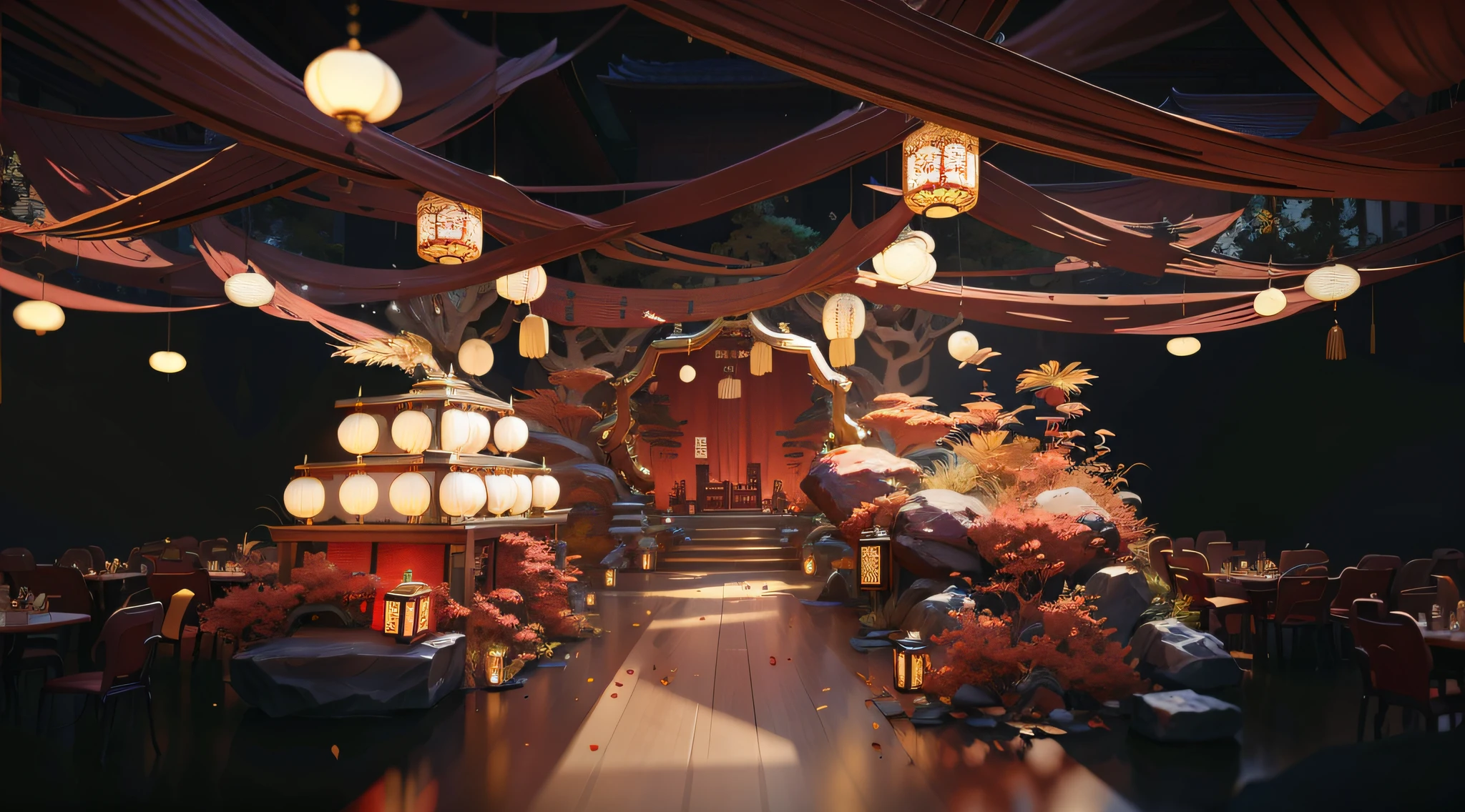Wedding decoration with red draping and lanterns, dreamy atmosphere and drama, Beautiful rendering of the Tang Dynasty, stunning arcanum backdrop, surreal sci fi set design, intricate sparkling atmosphere, dramatic theming, Chinese style, with ancient chinese aesthetic, crimson themed, Magical atmosphere + Masterpiece, fantasy themed, surreal 3 d render, 3d magical details,a chinese wedding,shock,Lots of detail,The composition is reasonable,The color is predominantly red,