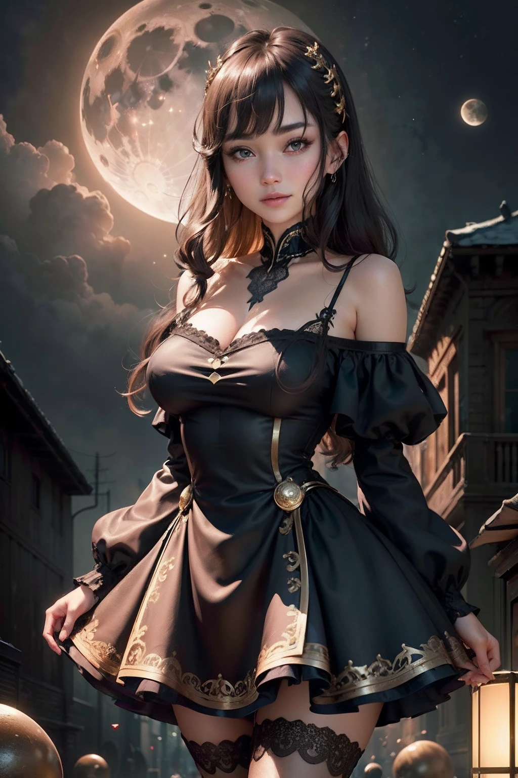 Raw photography, top-quality, masterpiece, extremely delicate and beautiful, ighly detailed, nffsw, Unity, 8K Picture Wallpaper, amazingly detail, detaile, masterpiece, top-quality, Official art, Highly detailed ticker Unity 8k wallpaper, ultra-detailliert, hight resolution, ighly detailed, Clair, Focus, (top-quality), (realisitic, Photorealsitic:1.5), 8K, Soft lighting, hightquality, lighting like a movie, 1womanl、Assassin、Yol Forger(Spy Family)、A dark-haired、cuticle、shoulder-length black hair、Keeps all hair together、Tying your hair back、Delayed hair is long、Golden headband、golden hair ornaments、very, Very big eyes、Brown-eyed、huge smile、Poison、Devilish smile、Black Knitted Dress、moderate breast、Black pantyhose、Brown boots、takeout、fullmoon、super moon、Walking in the moonlight、Blood droplets