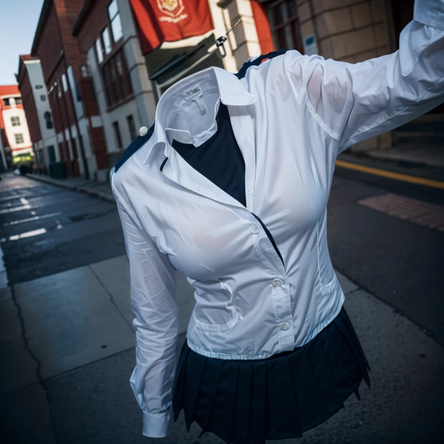 (girls' school uniform:1.7) , (school uniform swells as if worn by invisible girl:1.7),((invisible, no humans:1.7, headless:1.7, handless, legless)), (big breasts:1.7), (low angle full body shot:1.7),
(8k, RAW photo, best quality, masterpiece:1.2), (realistic, photo-realistic:1.37),photon mapping, radiosity, ((Hasselblad photography)),physically-based rendering,