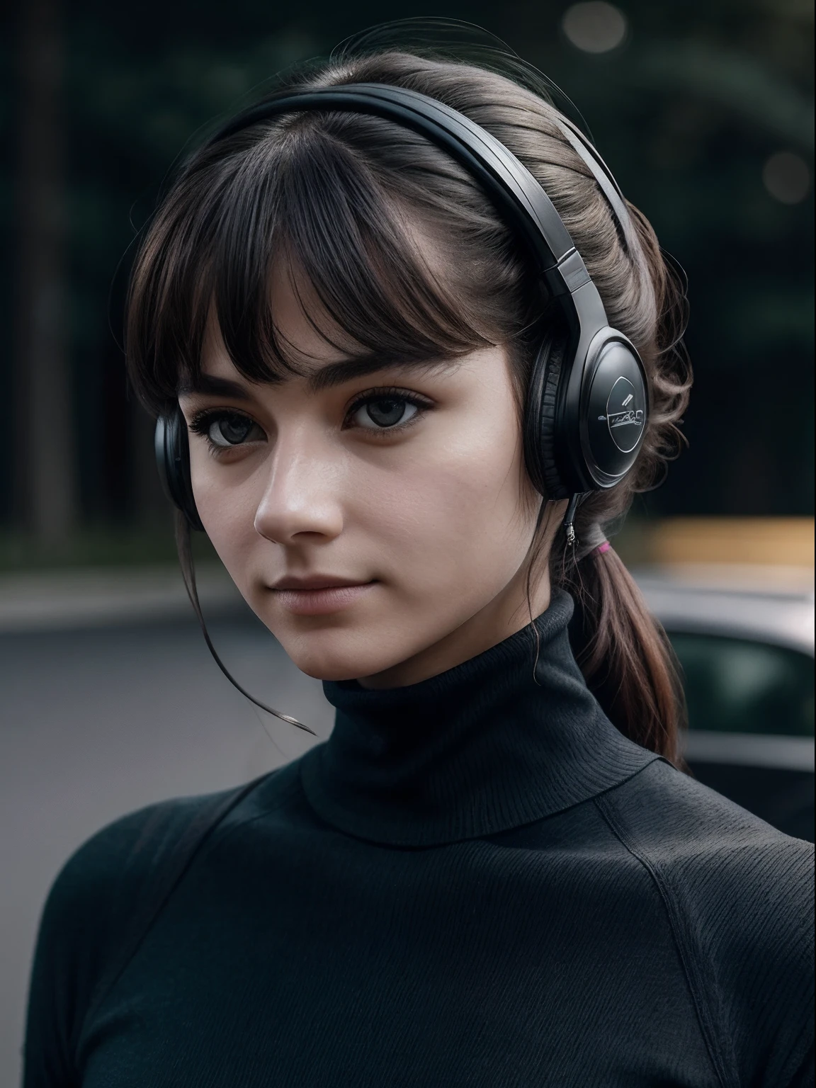 Alpaci Road,Stunning complex full-color extreme close-up portrait, Wearing a black turtleneck, Epic character composition, Sharp focus, Natural lighting, rim-light, Subsurface scattering, F2, 35mm, filmgrain, Bokeh,Bring a headset,Black colored eyes,short detailed hair;