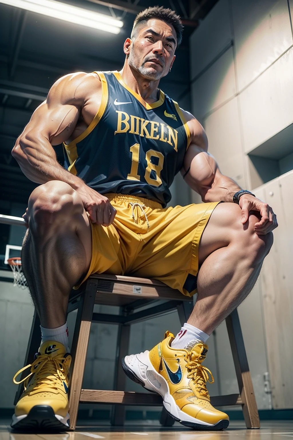 50-year-old middle-aged man,grampa,Man,Height 195,Asian people,sit on chair,God perspective,The eyes are about to face each other,Chinese men,musculature,Lift one foot,Wearing a yellow-red Nike basketball vest,Red basketball pants,The number 18 is written on the basketball suit,Yellow Nike high-leg basketball shoes,Rope in hand,Ferocious and ferocious,The background is a prison