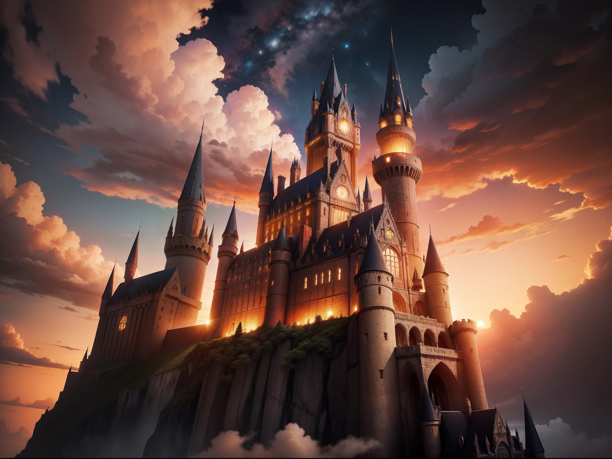 Sunset over the old Hogwarts castle JK Rowling floating on the majestic clouds in the sky. The first stars appear in the sky. Couleurs vives : rouge, orange et jaune, bokeh. Vue panoramique, 16K, extremly detailed, photo RAW, HDR, high resolucion.
