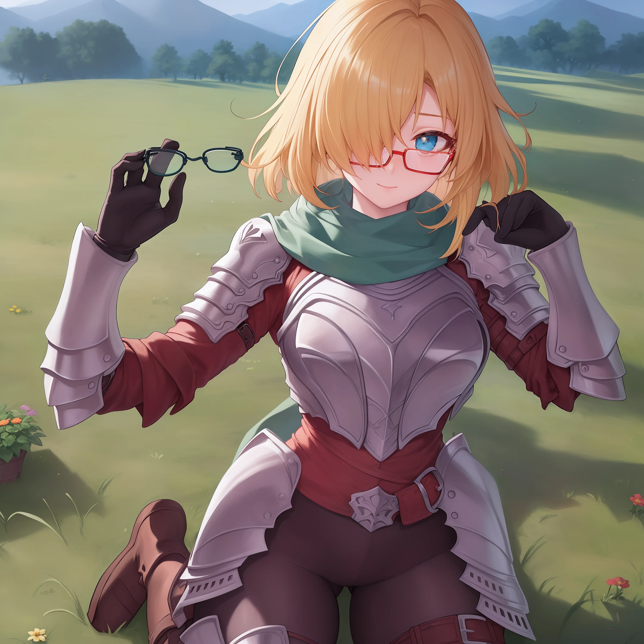 (({{masterpiece,best quality,ultra-detailed}}))  1girl, grass field,flower,wariza,looking at viewer,blonde short hair, armor, red hair band, breastplate,shoulder armor, bangs , (armor boots),boots ,, green scarf ,armored boots,upper body, hair over one eye ,hair over one eye ,blue eyes ,gloves ,holding ,pantyhose , (((glasses))), (rim-less eyewear:1.2)