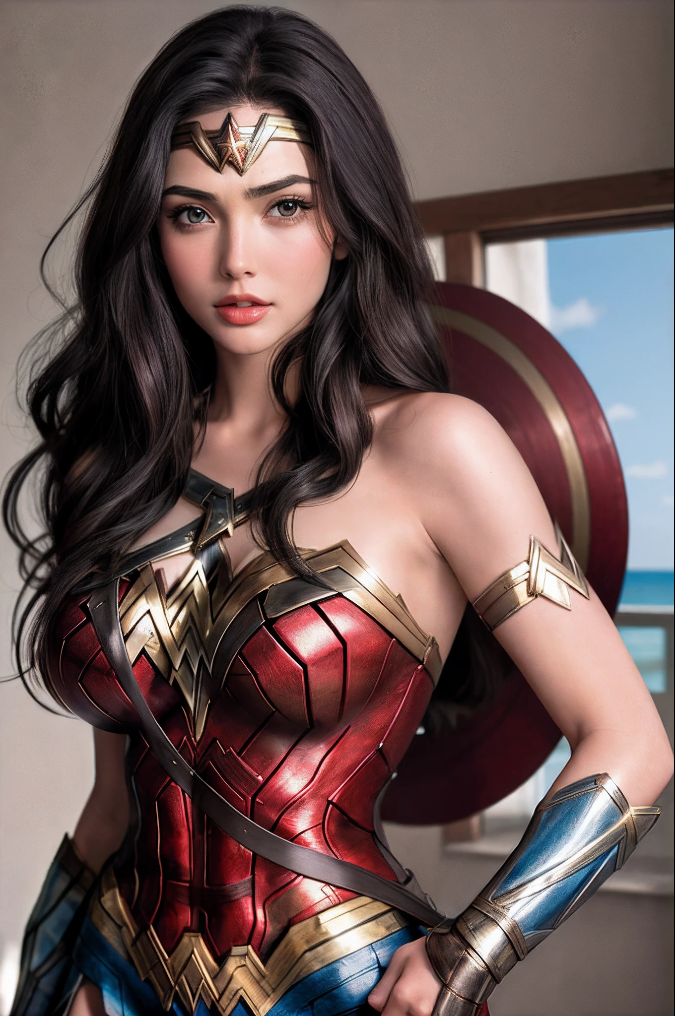 Best quality image, a close up of a wonder woman, Huge Breasts , long hair, Magnificent, nips