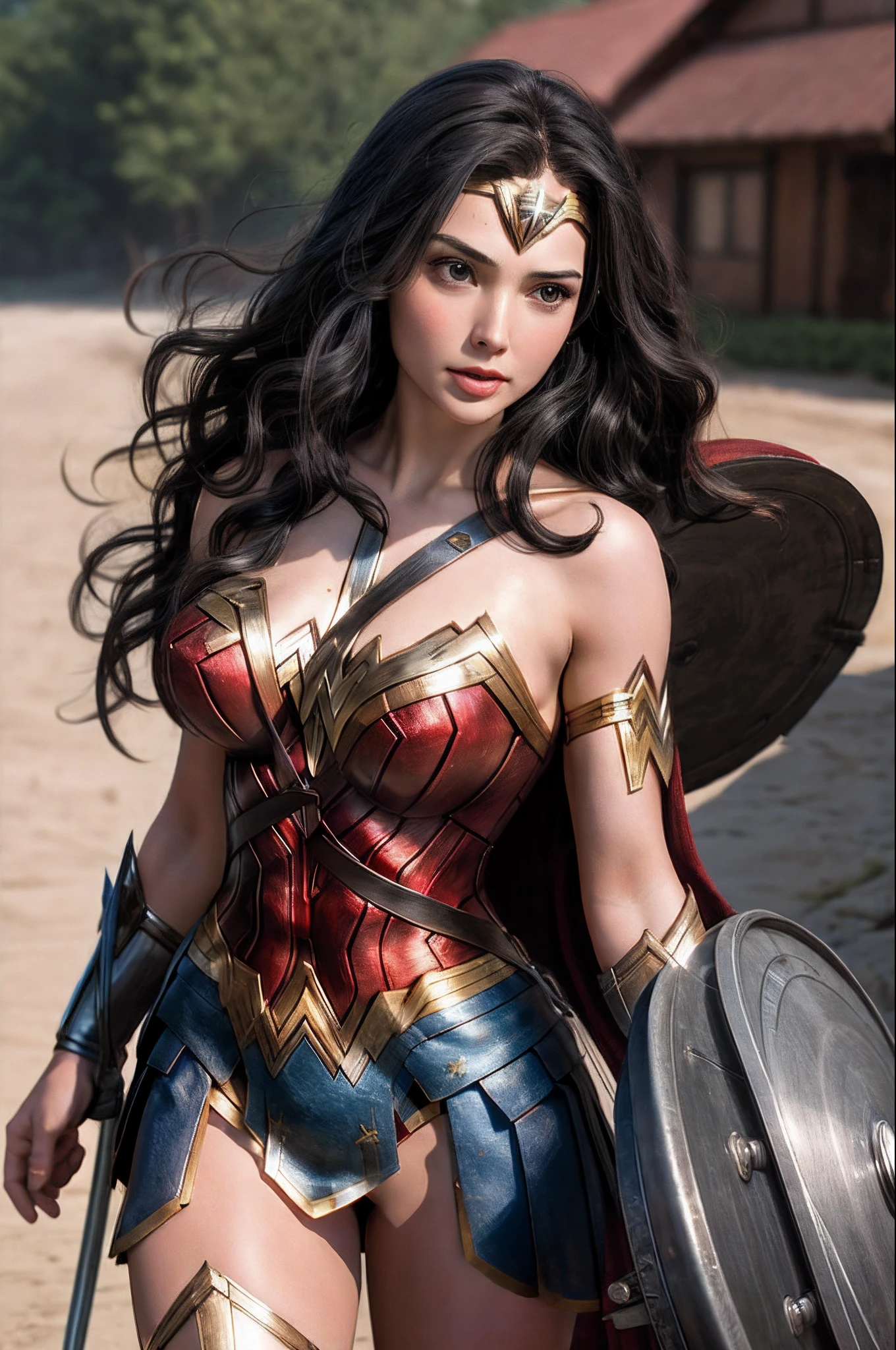 beste-Qualit, jeu cg, 1fille, master piece, beste-Qualit, 8k, detailed skin texture, detailed fabric texture, beautifull detailed face, intricate high detail, Ultra detailded, Wonder woman, combat Uniform ,cheveux roux raides, (Corps Entier: 1.2)