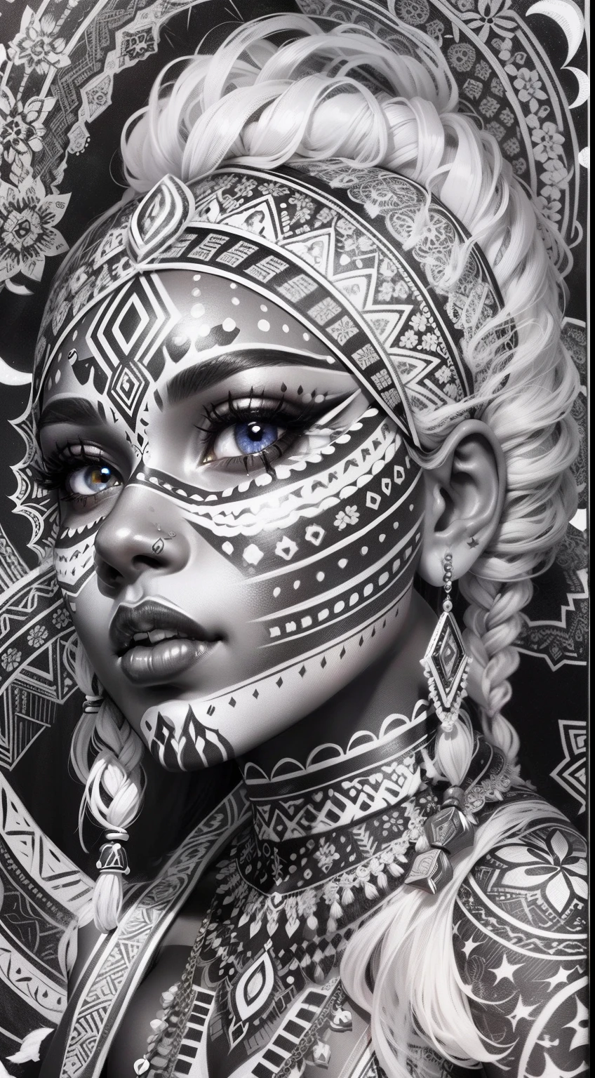 colouring book page, black and white, 32k, full body view, very beautiful tribal brown skin girl with excessive intricately detailed vivdly black and white facepaint bodypaint makeup, stunning radiant eyes, gorgeous white hair with highlights, magical night sky background