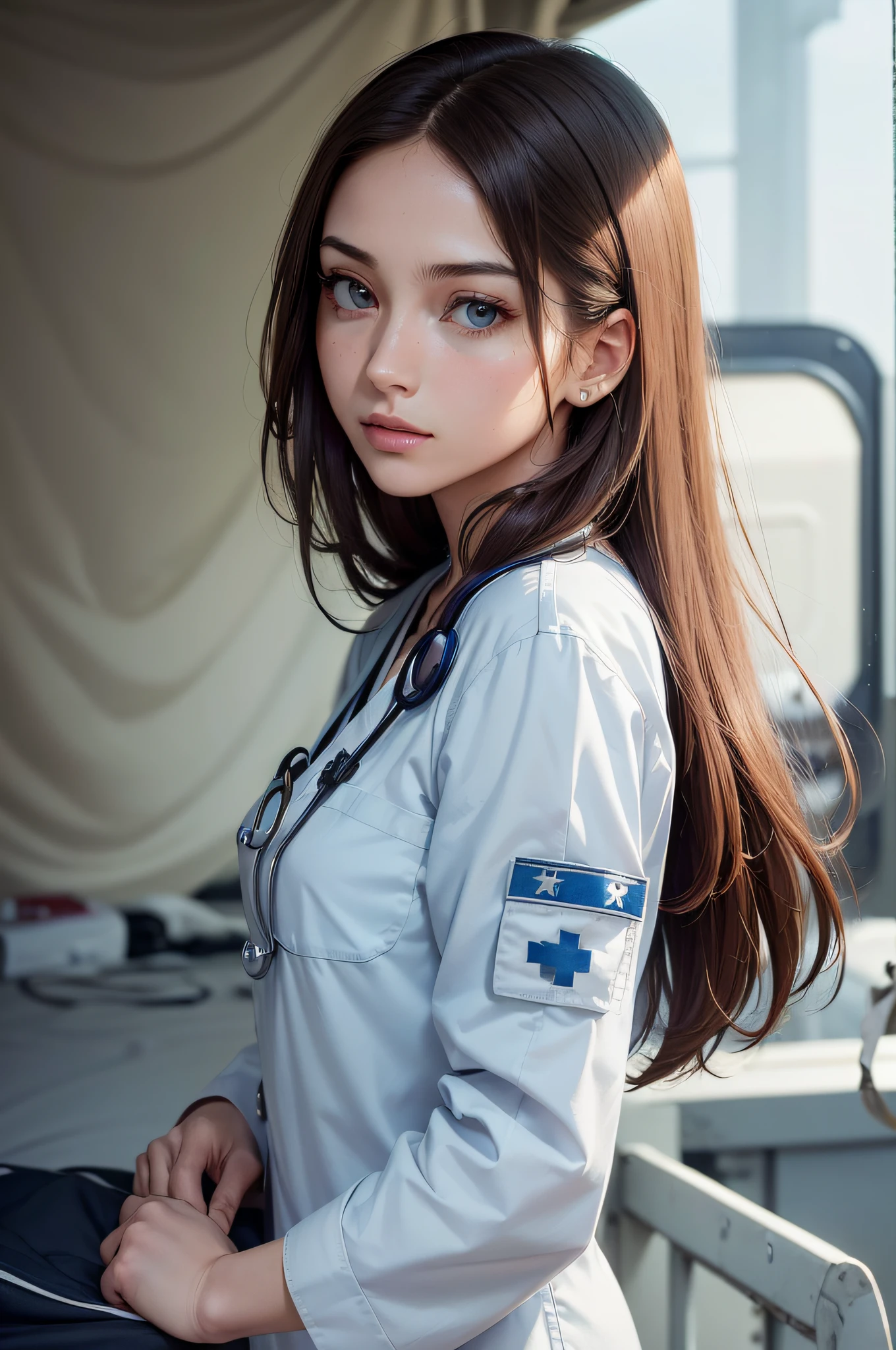 (masutepiece), (Portrait), (Aesthetic), (Beautiful), (upper blody), (High quality), (aesthetic clothings), (professional angle), (thirds rule), (Feminine), (Woman), (Female), (Beautiful),(Feminine features), (21years old), Solo, 1 woman, (Charming American), arbitrarily, (Dust and medical tent), (day), (Soft light), ((Treatment of wounded soldiers)), (Storage of medicines ), ((face look down)), ((compassionate)), (natural make up), (Medium bust), (Medical Bag, stethoscope), ((Long hair)), (Brunette hair), (Straight hair), (Loose Waves hair), (- in Hair), (Wide open eyes), (Light blue eyes), (Caring and strong facial expressions), Fair skin, (Subtle Medical Details Clothing), (Combat Medic Uniform), (-), (Cargo pants ), (V-neckline), ((Background of military base or field hospital)), (medium shot), Beautiful hands, Two hands, normal hands, Two arms, complete hands, Beautiful body, Beautiful fingers, normal fingers, Five Fingers, Five Fingers, Beautiful ears, normal ears, Beautiful eyes, shiny eyes, Beautiful mouth, Beautiful lips,