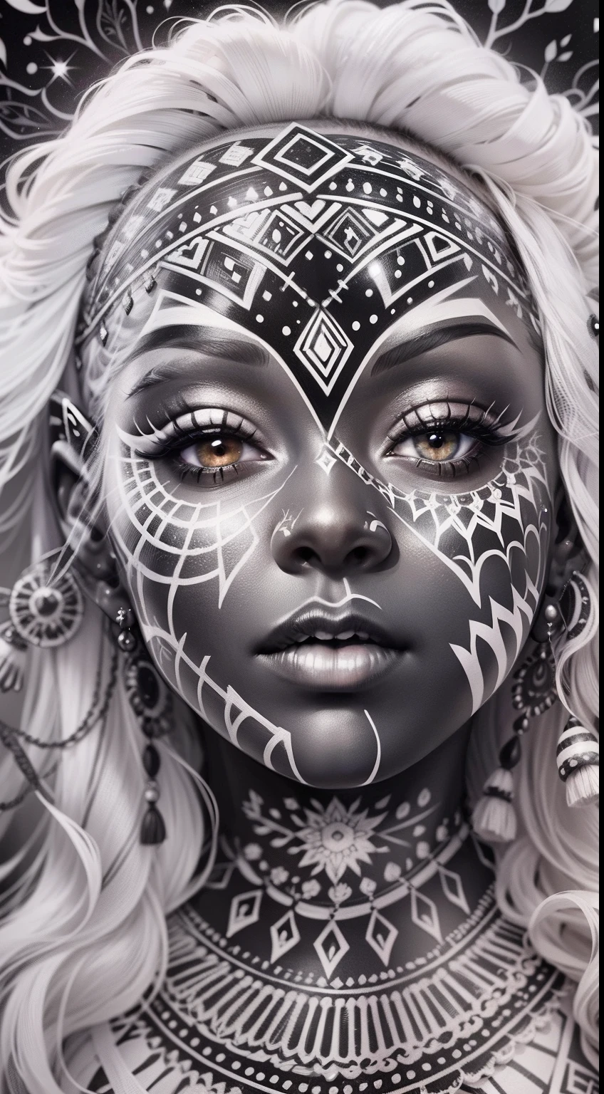 colouring book page, black and white, 32k, full body view, very beautiful tribal brown skin girl with excessive intricately detailed vivdly black and white facepaint bodypaint makeup, stunning radiant eyes, gorgeous white hair with highlights, magical night sky background