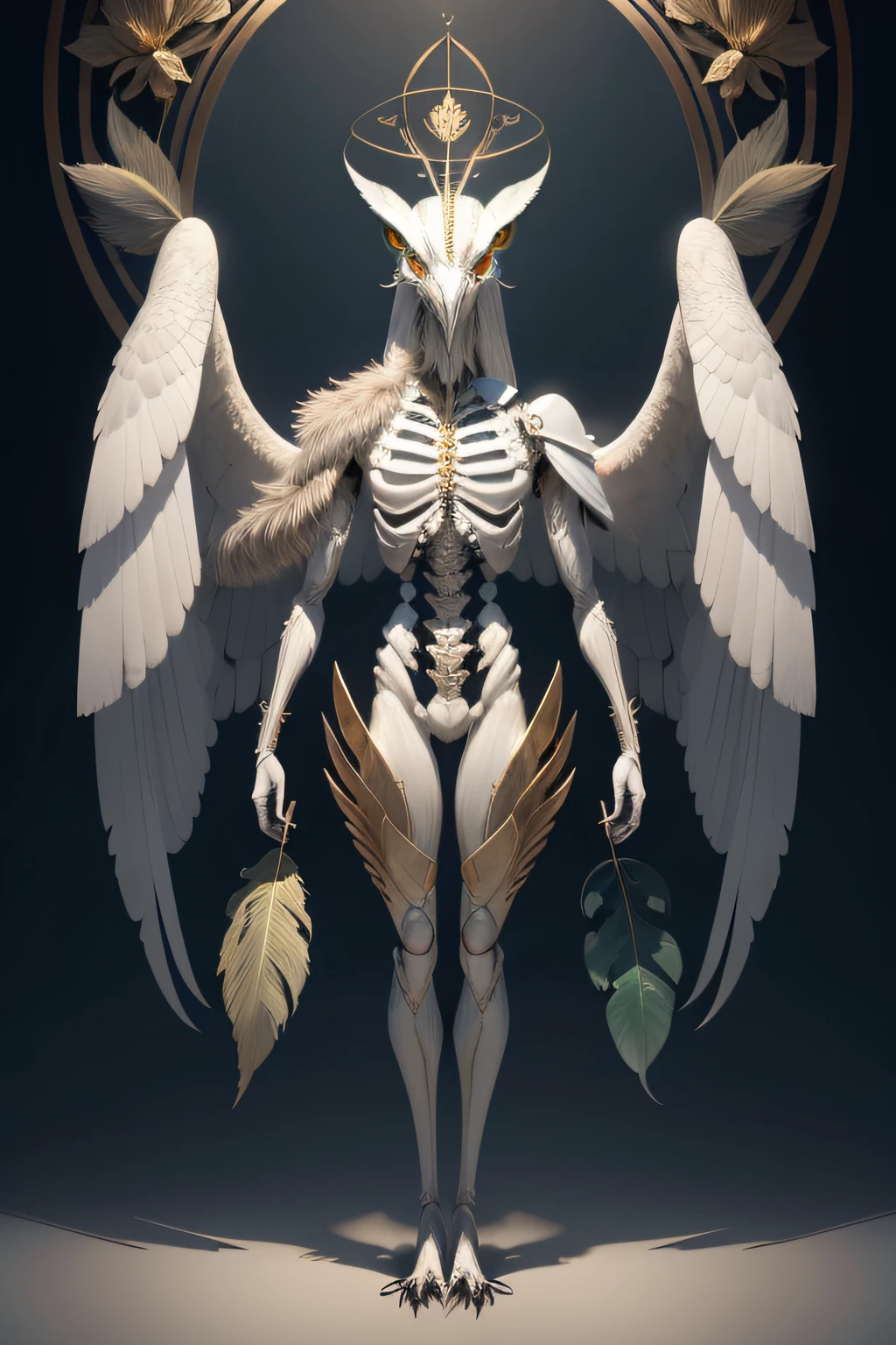 A humanoid praying mantis，With wolf legs，Peacock wings，gold eyes，Silver halo，The feathers of the white crow，The spine of the fish，The beak of an eagle，The abdomen has bony plates