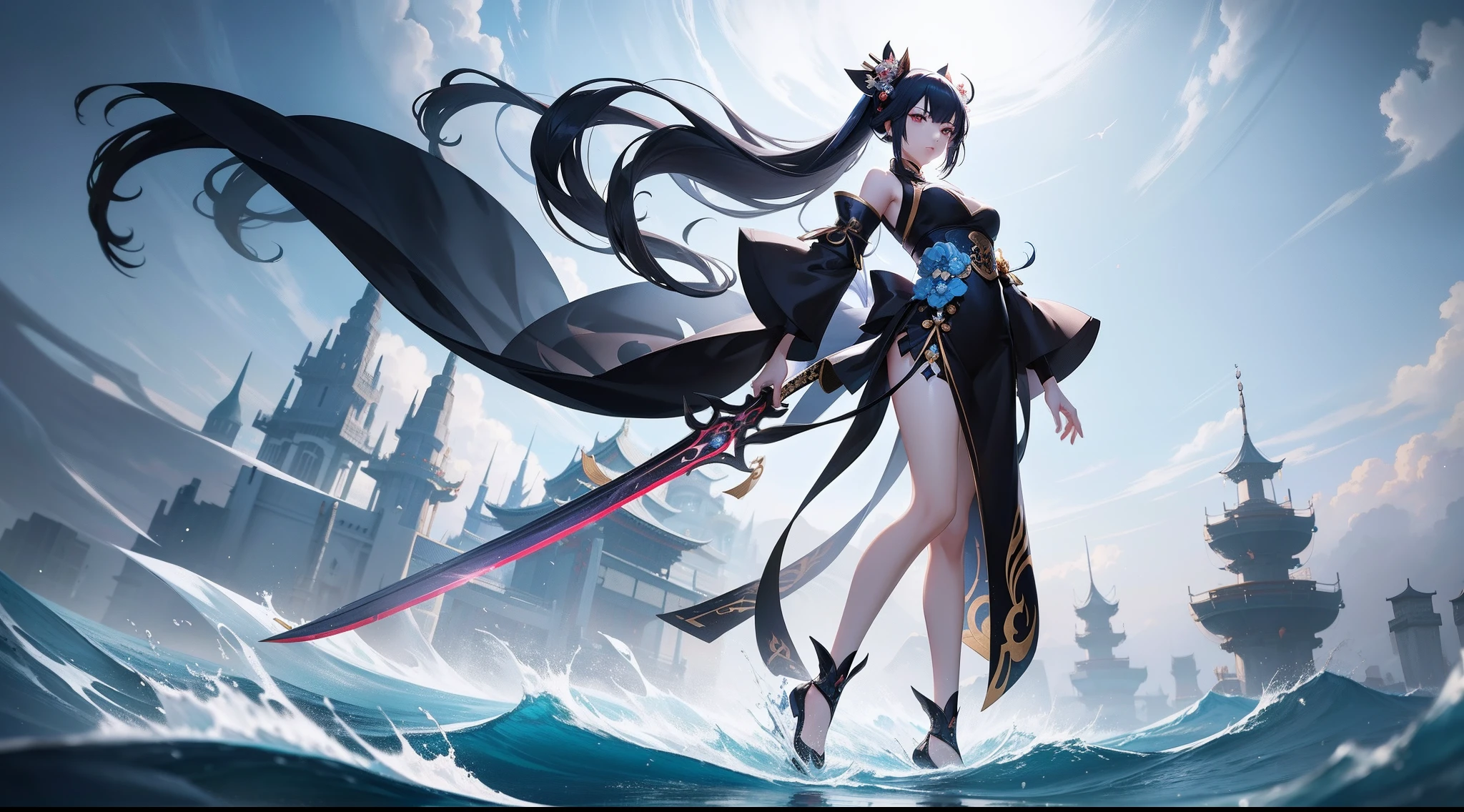 Anime girl wearing black dress,Sword in the water, full-body xianxia, Onmyoji detailed art, Anime girl walking on water, dramatic magic floating pose, full-body wuxia, onmyoji, Smooth anime CG art, Anime art wallpaper 8 K, Ayaka Genshin impact, onmyoji portrait, black-haired mage