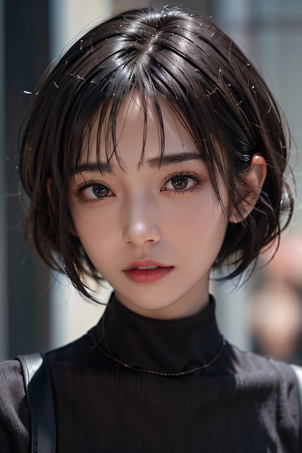(masterpiece:1.3), (8k, photorealistic, RAW photo, best quality: 1.4), (1girl), beautiful face, (realistic face), (black hair, short hair:1.3), beautiful hairstyle, realistic eyes, beautiful detailed eyes, (realistic skin), beautiful skin, (sweater), absurdres, attractive, ultra high res, ultra realistic, highly detailed, golden ratio