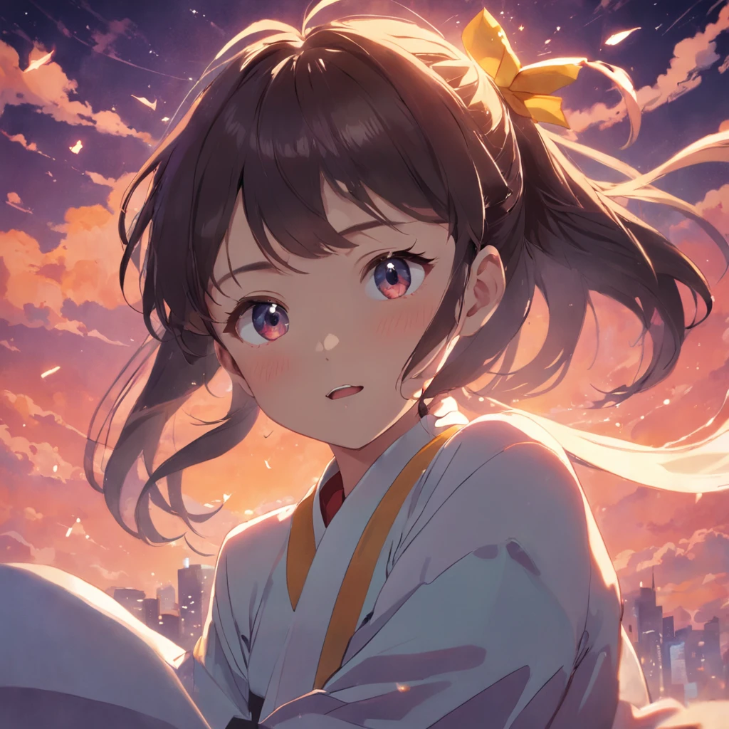 tmasterpiece,best qualtiy,cinematic Film still from,1girl,Chen Kejia,Floating in the sky,closeup cleavage,brightly,cheerfulness,Warm and soft lighting,Nanjing high school student,the sunset,(spark of light:0.7)