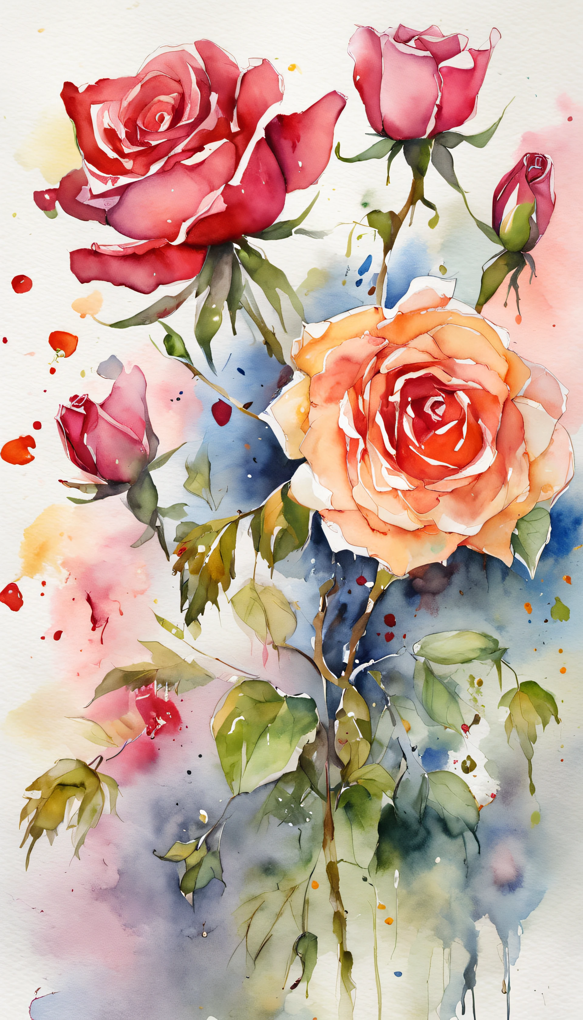 wtrcolor style, (rose) digital art, official art, blown by the wind, masterpiece, beautiful, ((watercolor)), paint splatter, intricate detail. Great detail, [dripping:0.7], Trending on Artstation, Rachel Walker
