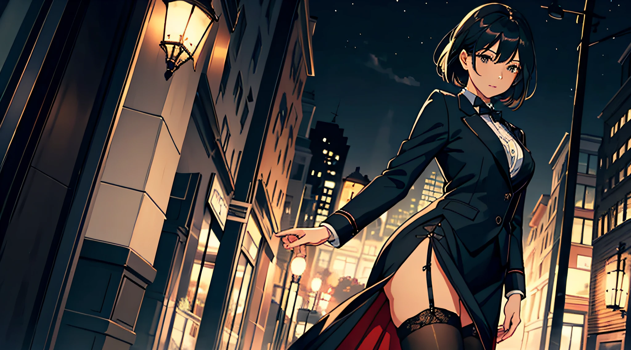 A woman，black lence stockings，night scene，Delicate facial features，well dressed，looking at viewert，are standing