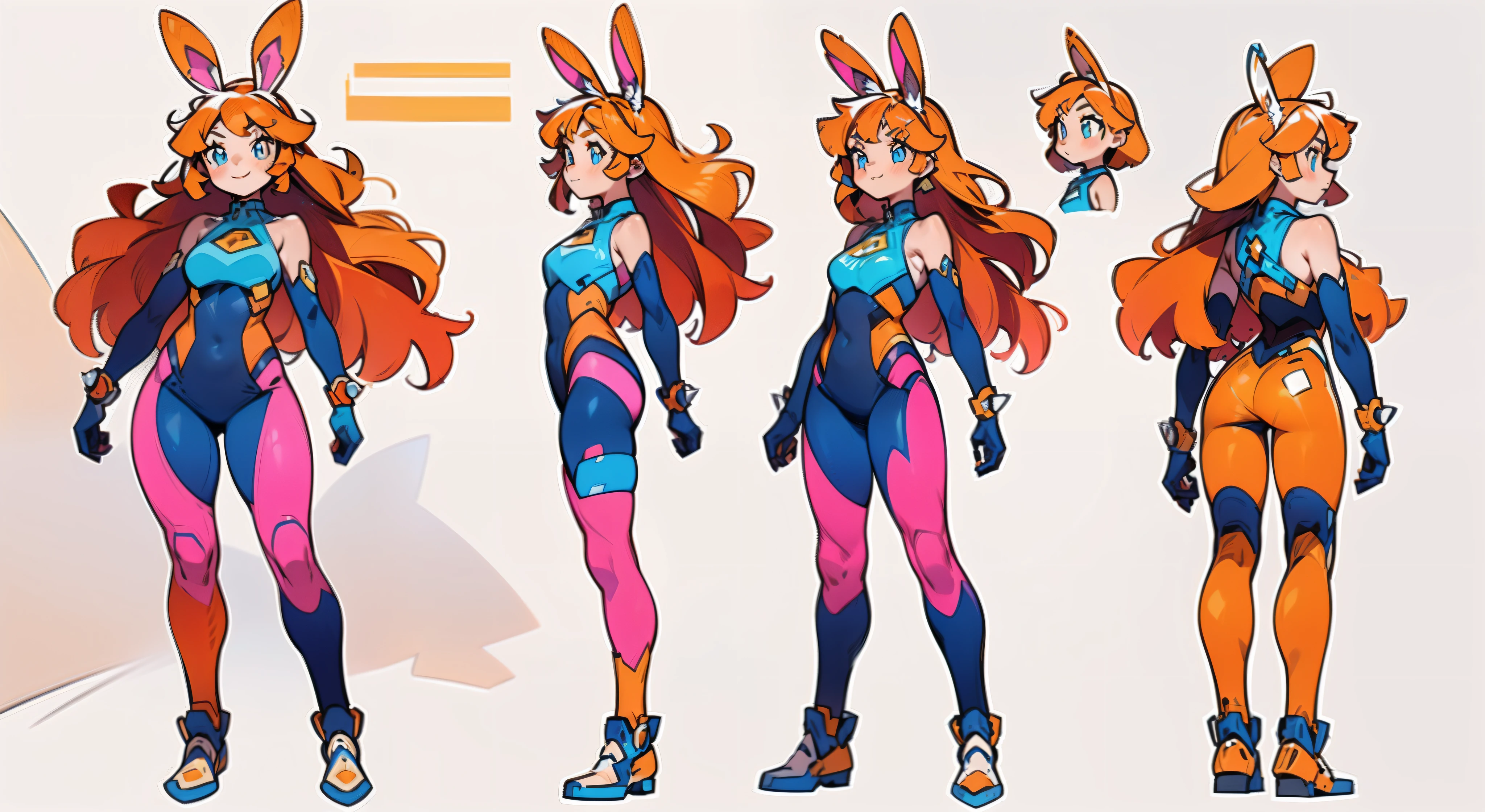 (masterpiece:1.2, best quality), 1woman, cute face, big eyes, round cubby cute face, smile, long legs, full body, adult mature female (spiky orange-pink hair, (orange-pink mullet 1.1)), (very long hair), blue eyes, (white/yellow pupil,) hero, sleeveless blue spandex bodysuit, long orange-pink rabbit ears, pink bodysuit ((masterpiece)), (((best quality))), (character design sheet, same character full body, front, side, back), Illustration, 1 girl, hair color, bangs, hair fax, eyes, environment change, pose kota, female