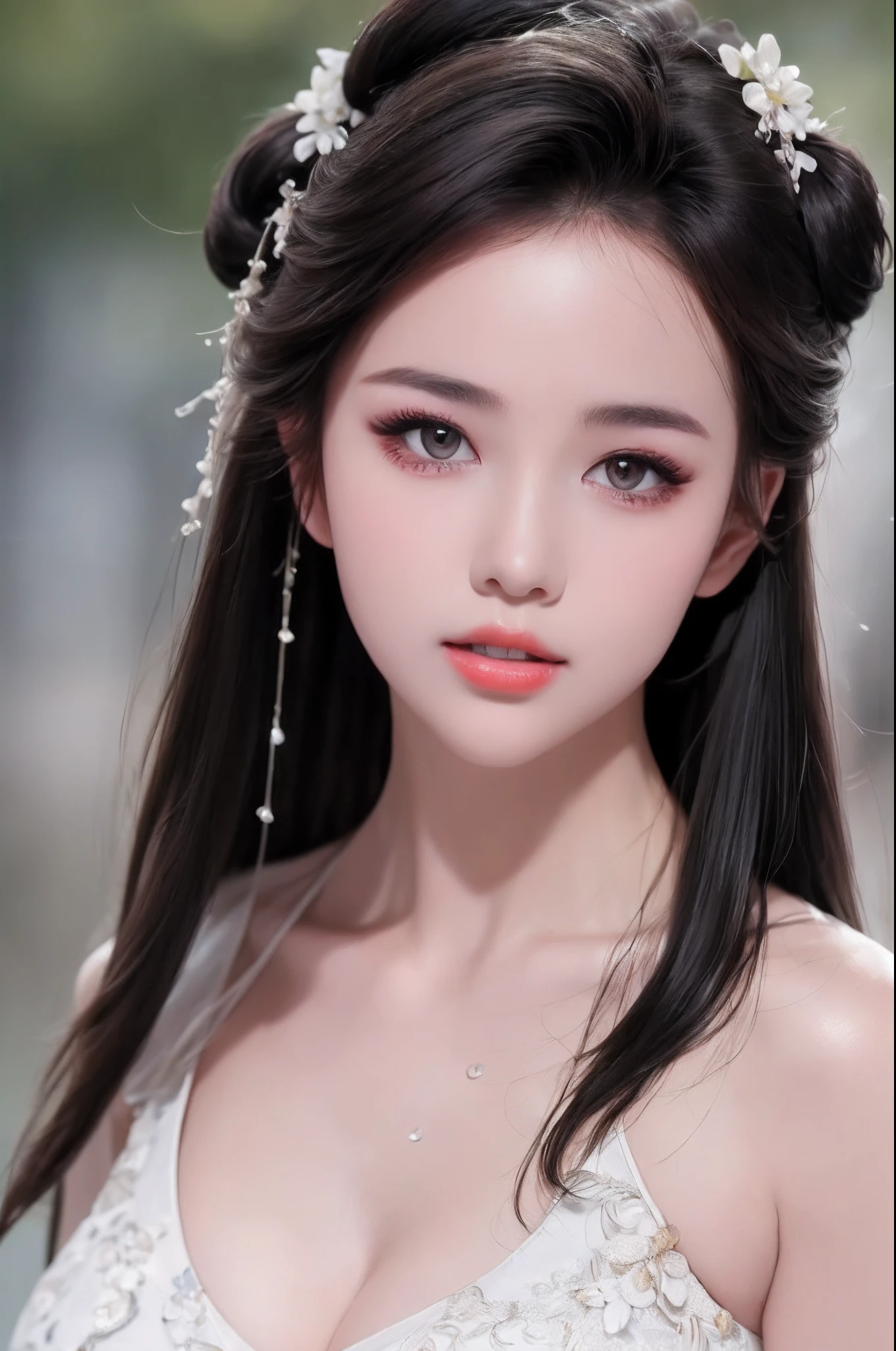 ((Best Quality, 8k, Masterpiece: 1.3)), Focus: 1.2, Perfect Body Beauty: 1.4, Buttocks: 1.2, ((Layered Haircut)), (Wet Clothes: 1.1), (Rain, Street:1.3), (Breasts: 1.2), (Hanfu: 1.2), Bare Shoulders, Bare Legs, Highly Detailed Face and Skin Texture, Fine Eyes, Double Eyelids, Whitened Skin, Long Hair, (Shut Up: 1.5), (Bokeh Background: 1.5), Big Breasts