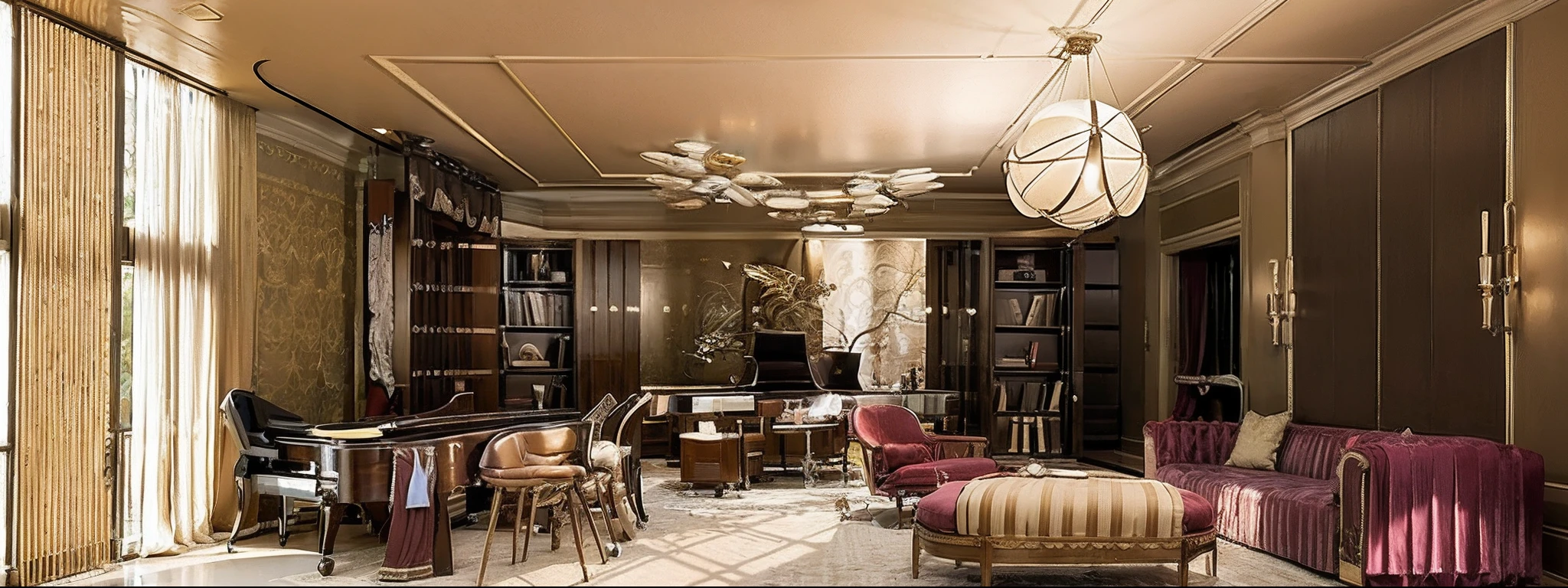 there is a living room with a piano and a piano in it, fancy apartment, luxurious environment, living room, lavishly decorated, interior living room, well - decorated, peaceful environment, majestic masterpiece, full room view, living room interior, extreme quality masterpiece, masterpiece work of art, professional unique masterpiece, taken with canon 8 0 d, elegant and extremely ornamental