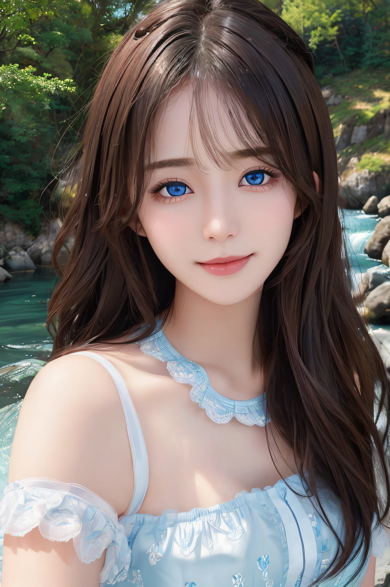(((Women with the same face)))、(8k、RAW Photography、top-quality、​masterpiece:1.5)、(realisitic、Photorealsitic:1.2)、(超A high resolution)、(ultra-detailliert)、absurderes、masuter piece、 Strapless Bra、bright hair with a silky sheen、shining white skin、Background with:Rapids deep in the mountains、Very transparent river water、Perfect litthing、perfect-composition、Perfect big blue eyes、flawless skin、perfect chest、perfect hair、Medium hair、(detailed facial features),(detailed shiny eyes),a smile:1.4,